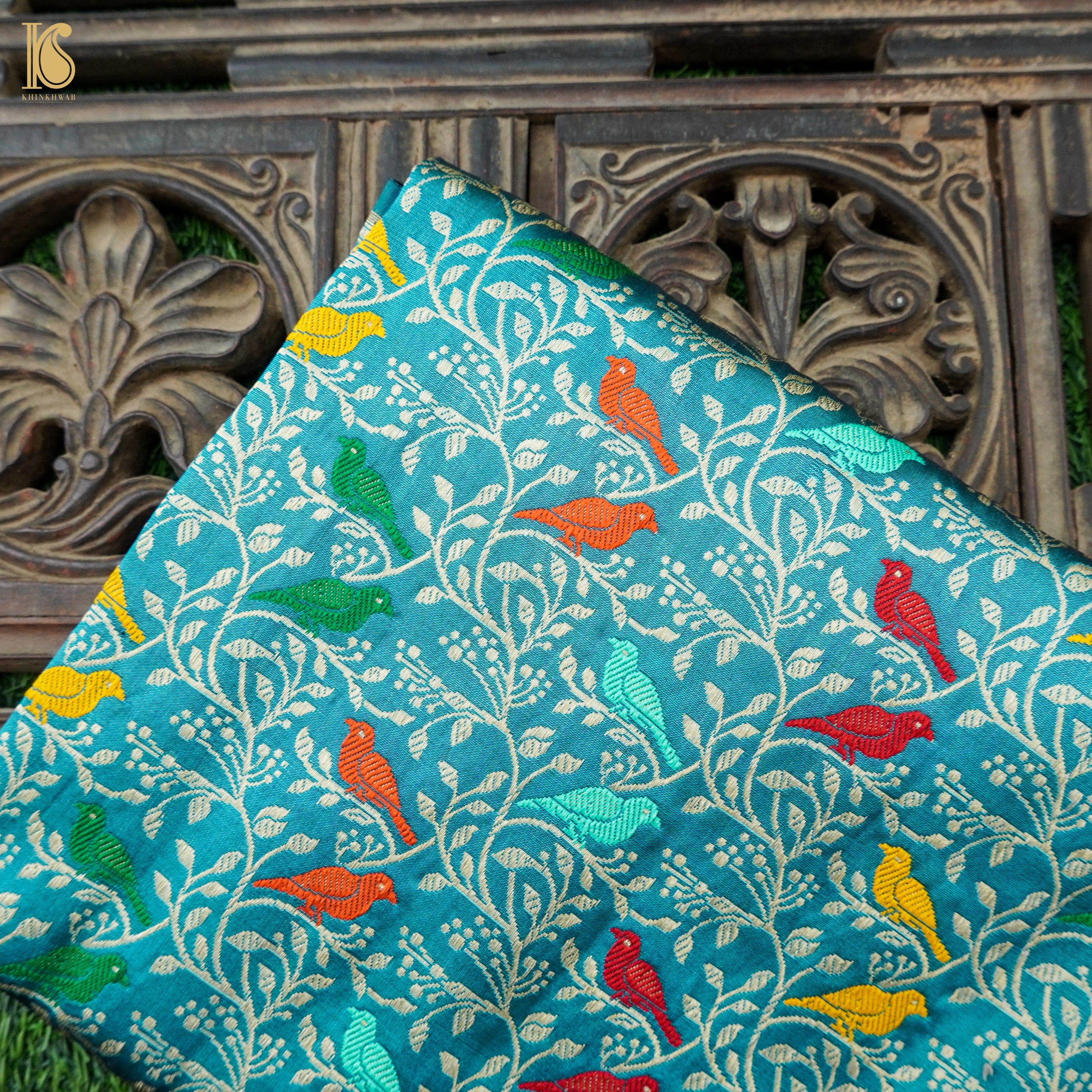 Preorder : Viking Blue Handwoven Pure Katan Silk Banarasi Shikargah Fabric - Khinkhwab