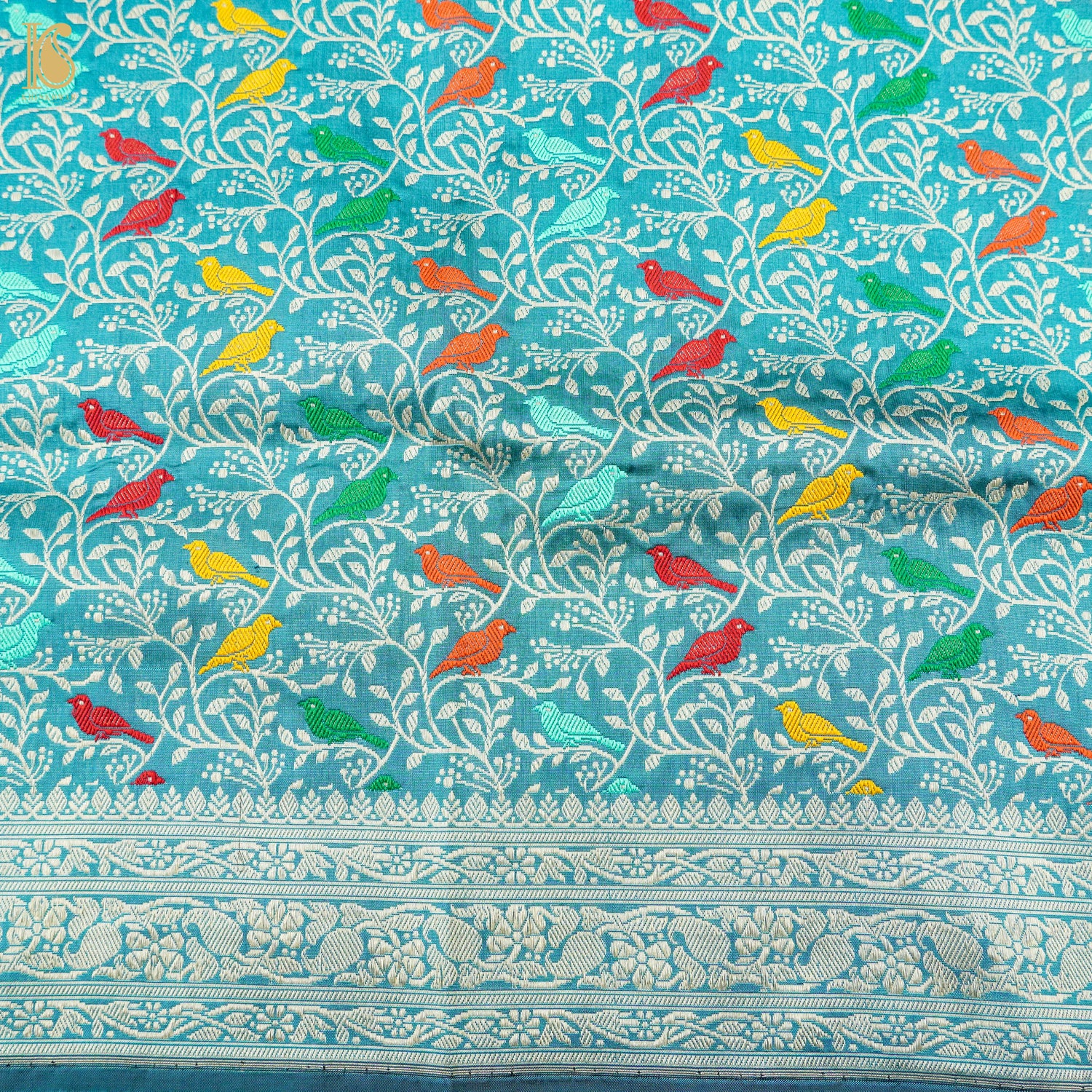 Preorder : Viking Blue Handwoven Pure Katan Silk Banarasi Shikargah Fabric - Khinkhwab