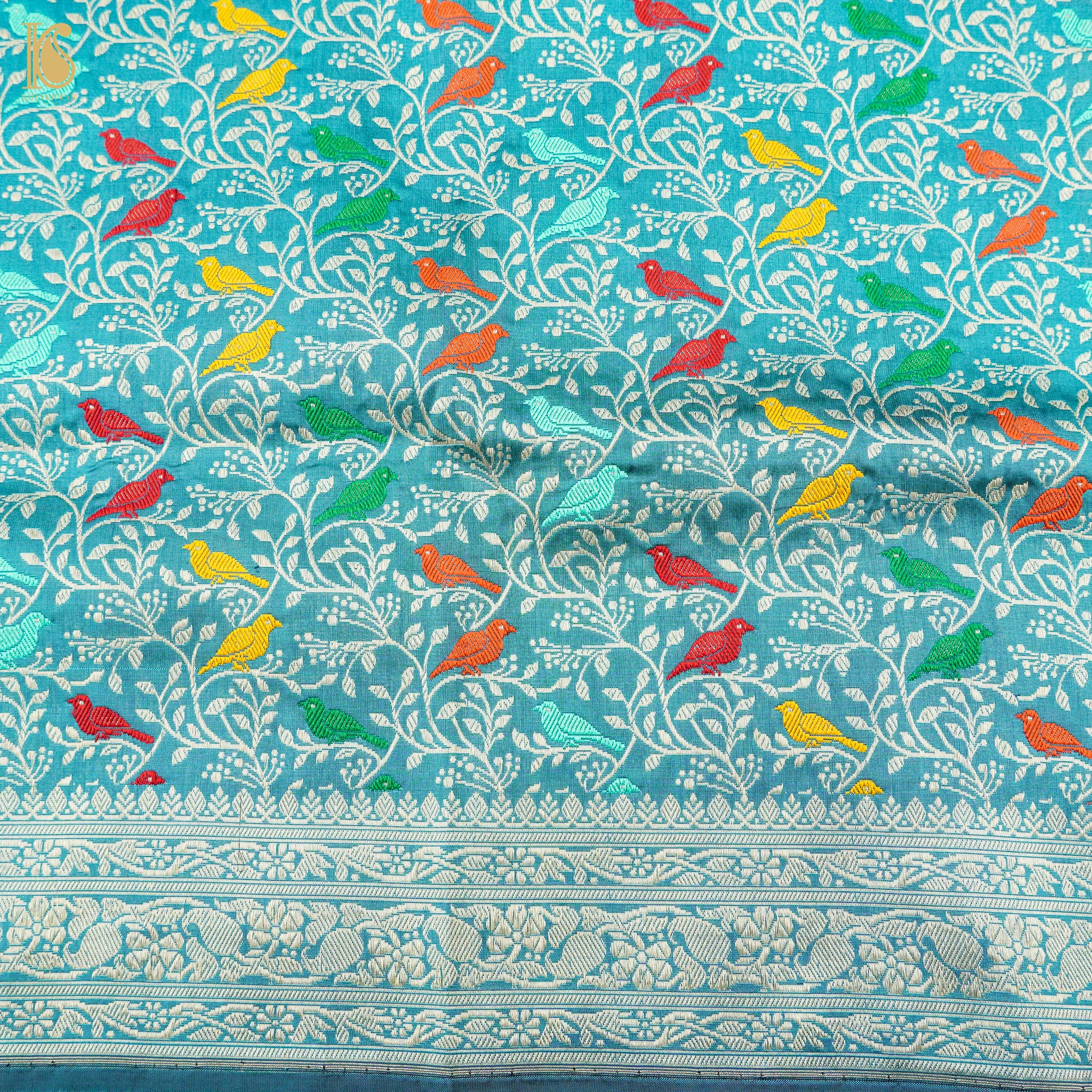 Preorder : Viking Blue Handwoven Pure Katan Silk Banarasi Shikargah Fabric - Khinkhwab