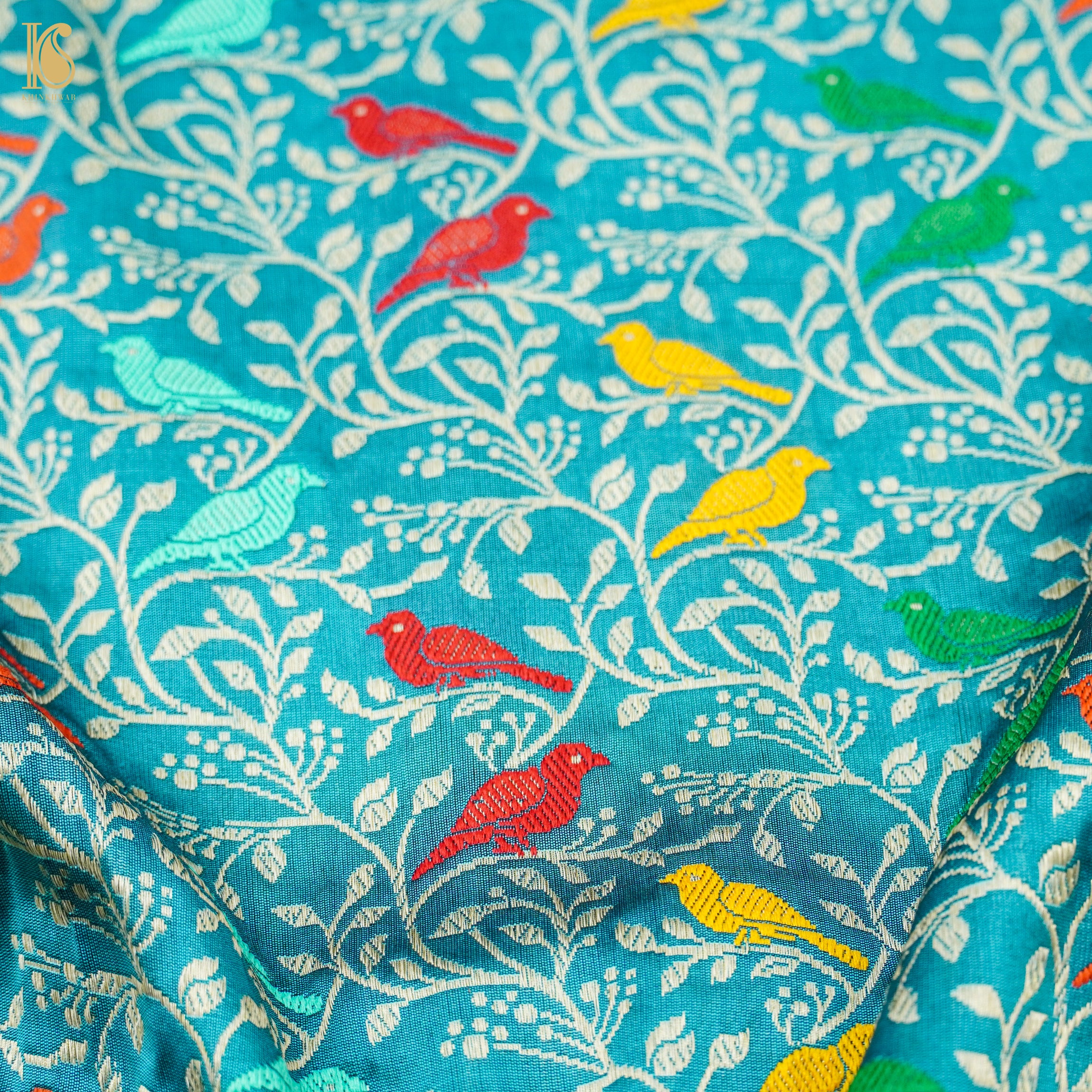 Preorder : Viking Blue Handwoven Pure Katan Silk Banarasi Shikargah Fabric - Khinkhwab