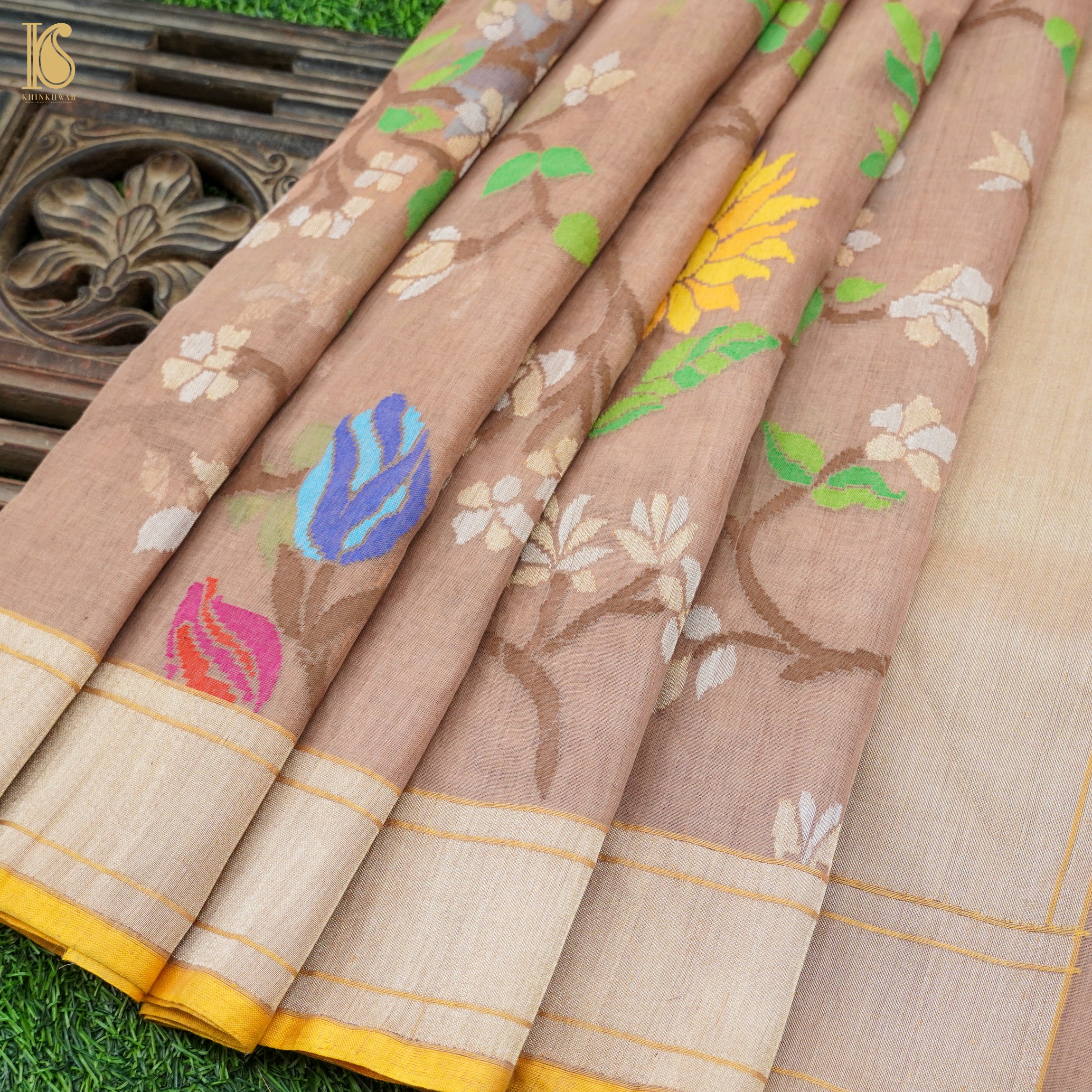 Del Rio Brown Pure Cotton Real Silver Zari Handloom Banarasi Saree - Khinkhwab
