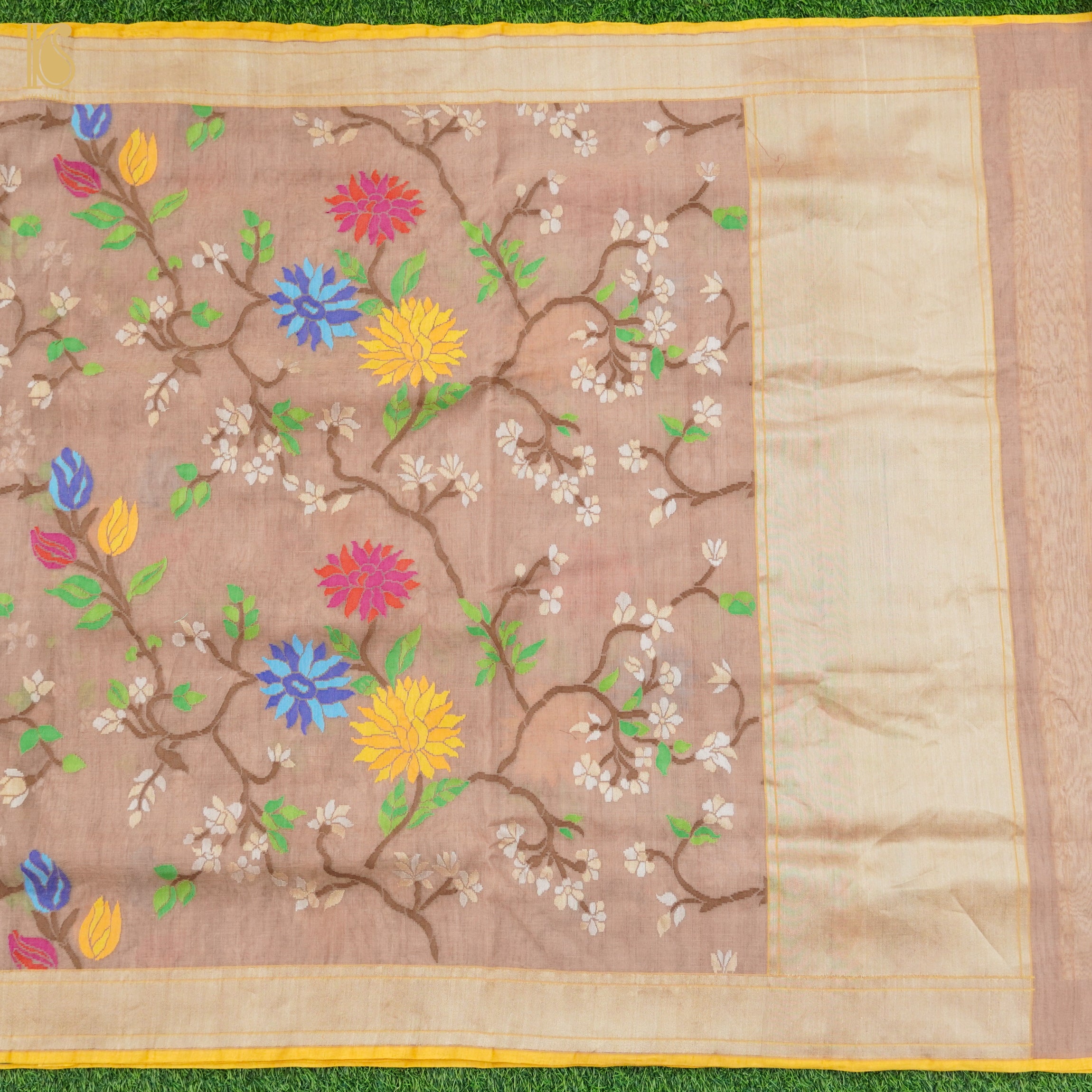 Del Rio Brown Pure Cotton Real Silver Zari Handloom Banarasi Saree - Khinkhwab