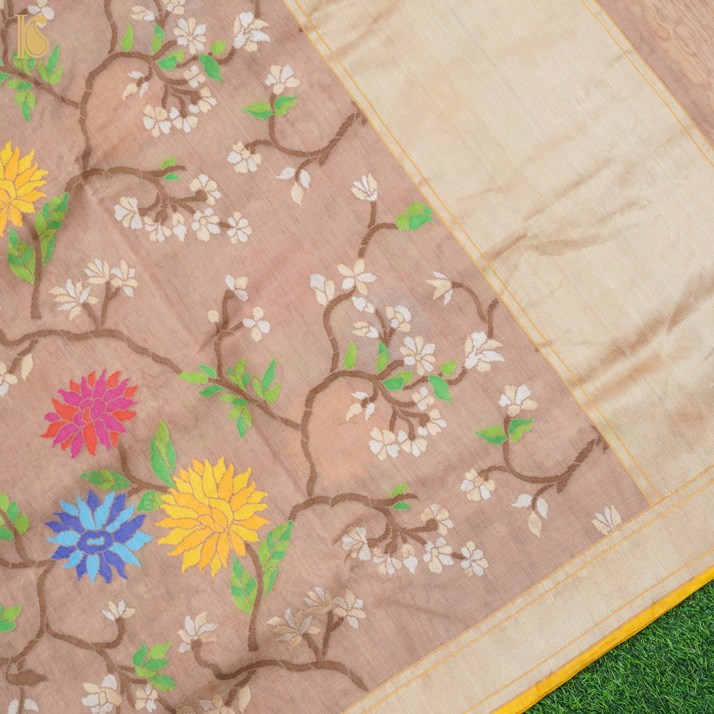 Del Rio Brown Pure Cotton Real Silver Zari Handloom Banarasi Saree - Khinkhwab