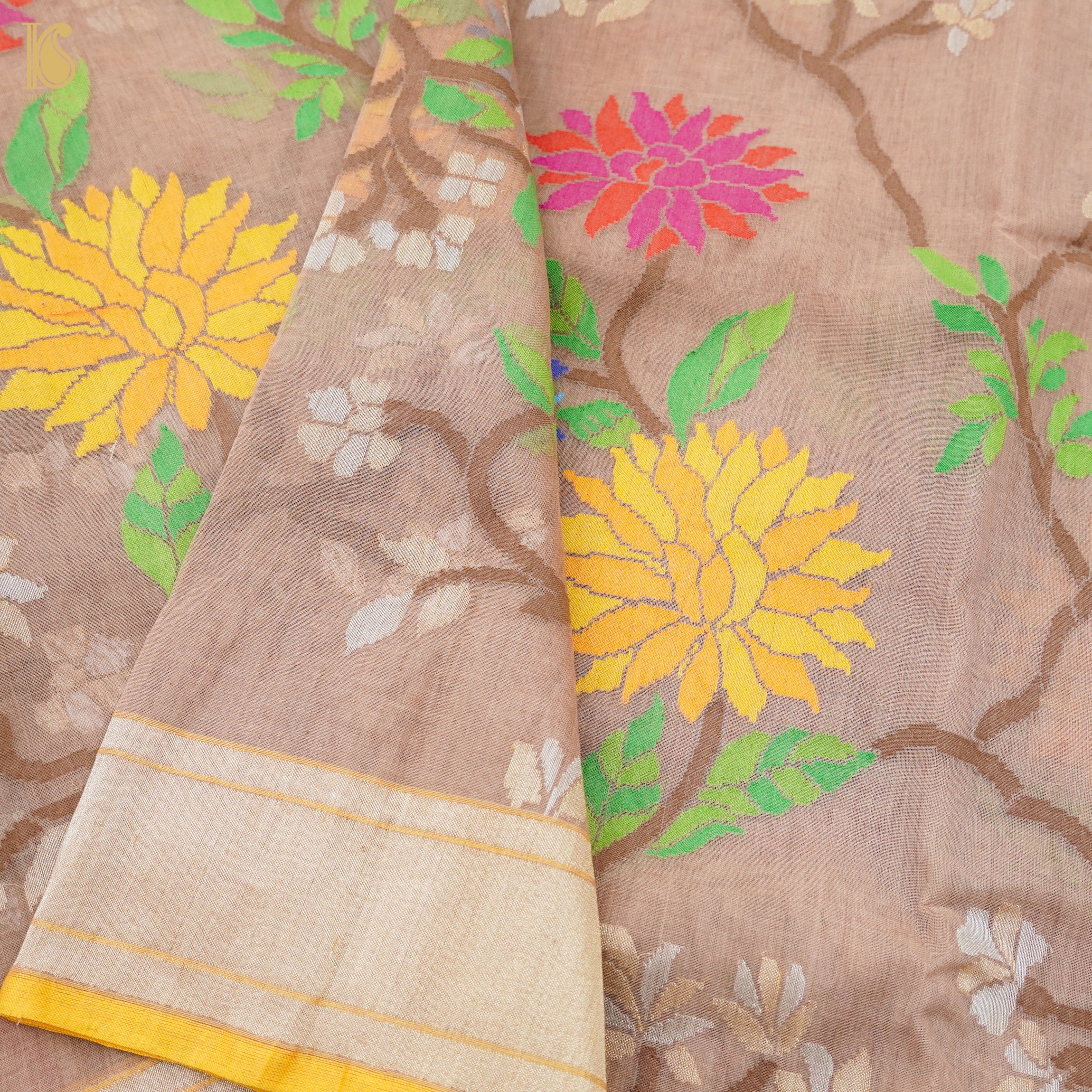 Del Rio Brown Pure Cotton Real Silver Zari Handloom Banarasi Saree - Khinkhwab