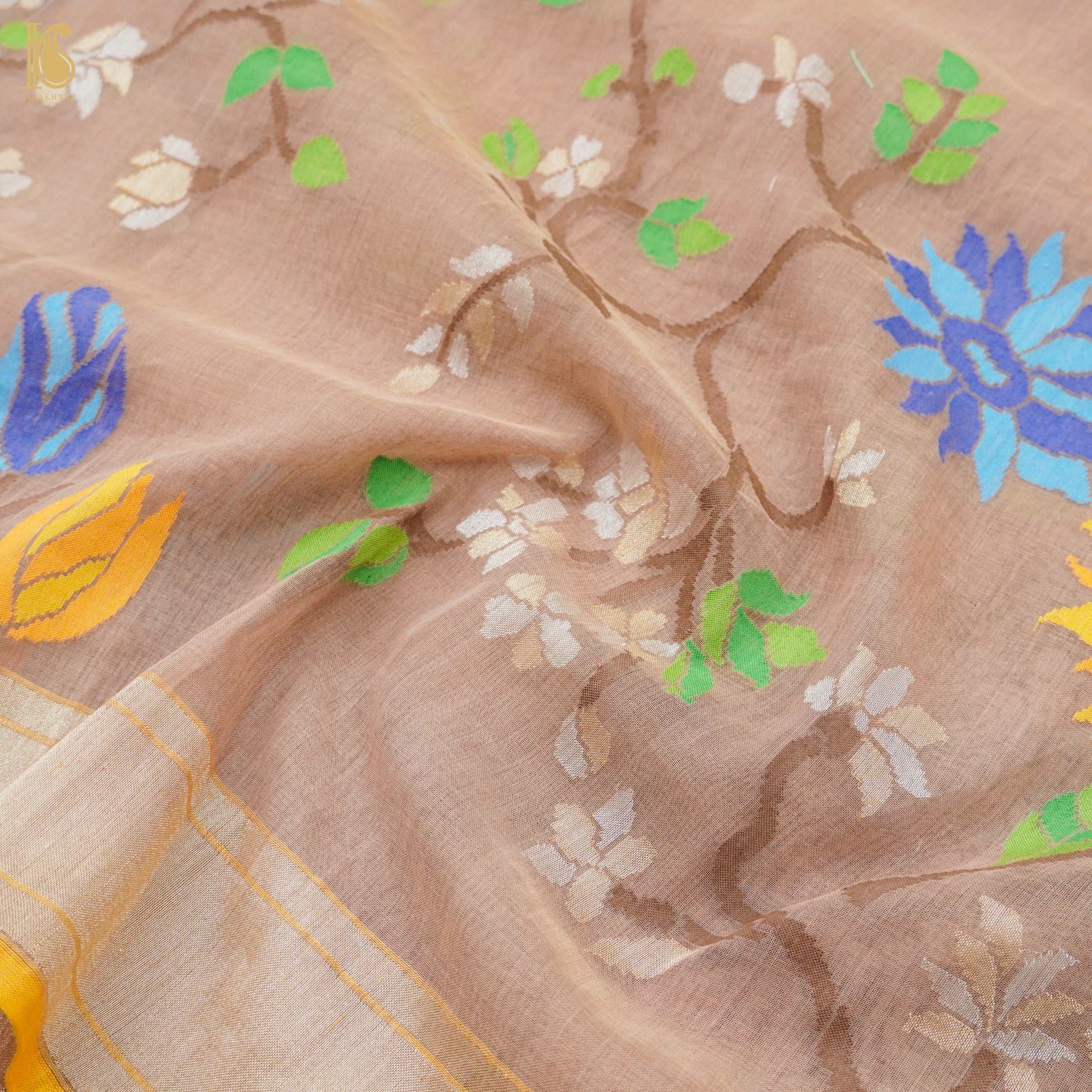 Del Rio Brown Pure Cotton Real Silver Zari Handloom Banarasi Saree - Khinkhwab