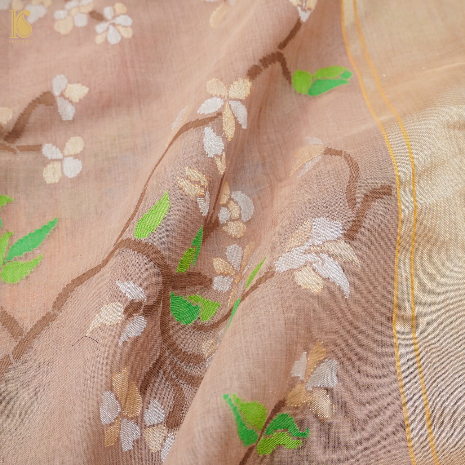 Del Rio Brown Pure Cotton Real Silver Zari Handloom Banarasi Saree - Khinkhwab