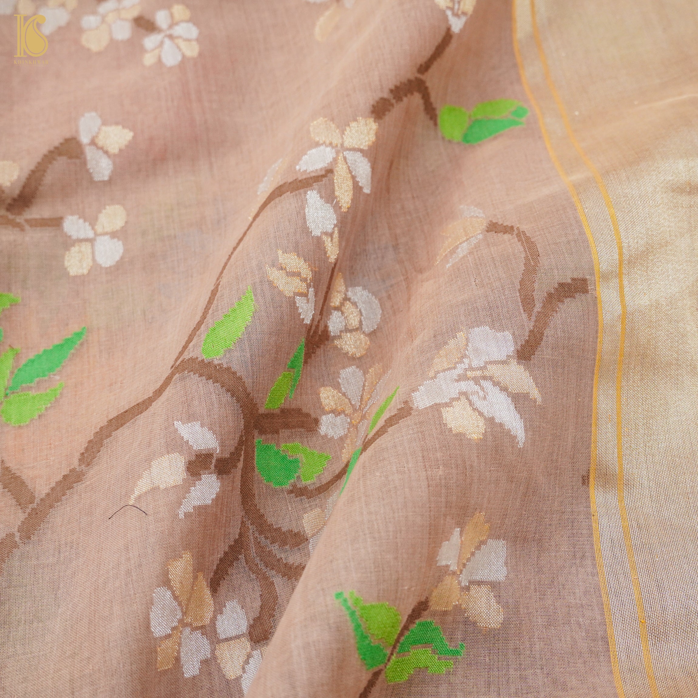 Del Rio Brown Pure Cotton Real Silver Zari Handloom Banarasi Saree - Khinkhwab