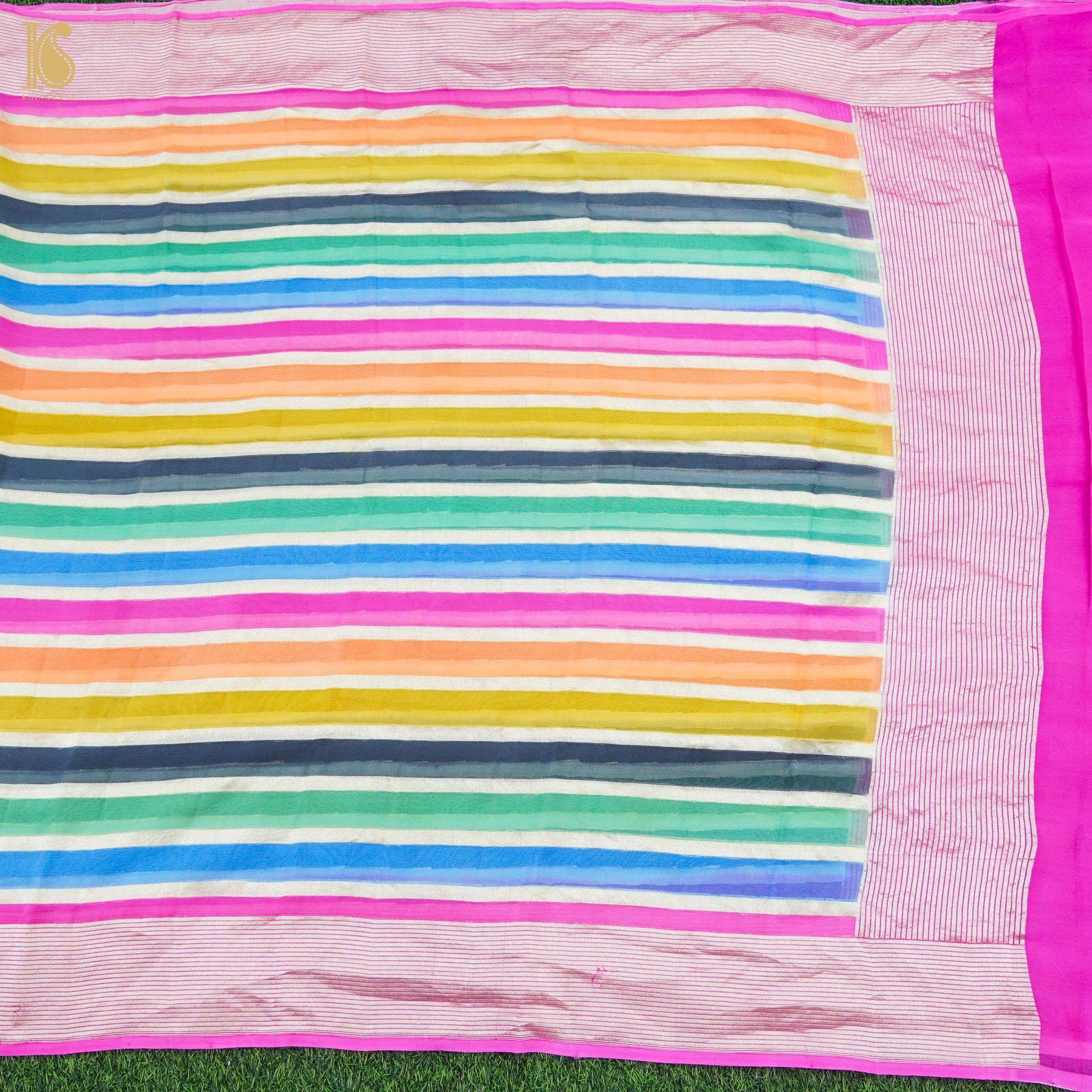 Multicolor Pure Georgette Handloom Banarasi Stripes Dupatta - Khinkhwab