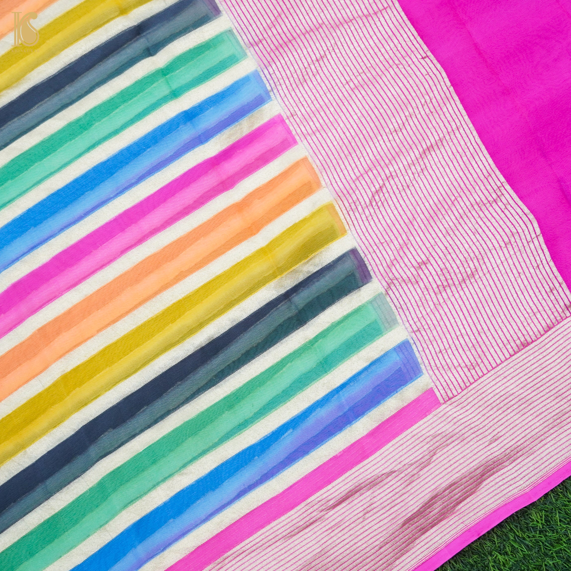 Multicolor Pure Georgette Handloom Banarasi Stripes Dupatta - Khinkhwab
