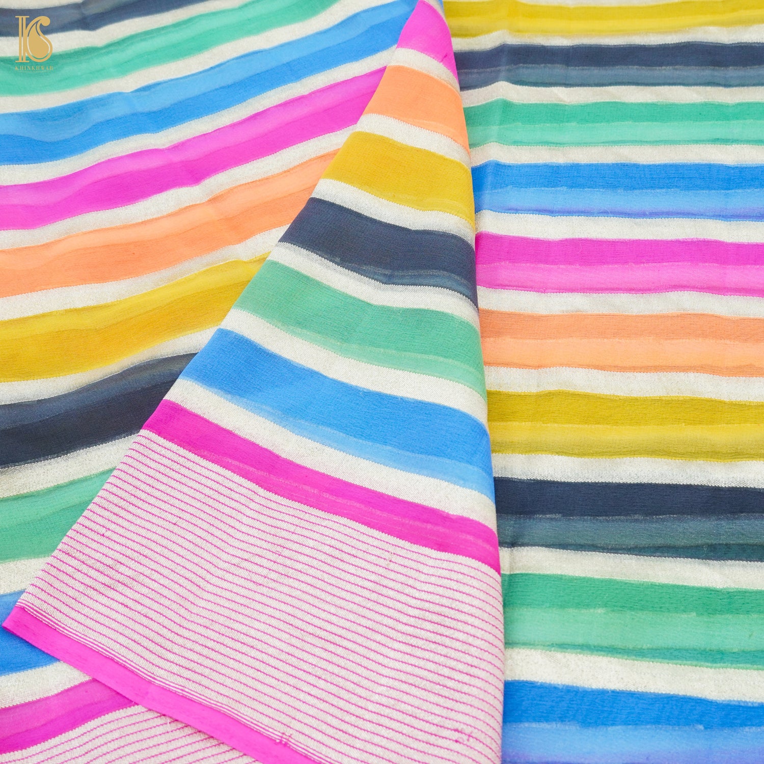 Multicolor Pure Georgette Handloom Banarasi Stripes Dupatta - Khinkhwab