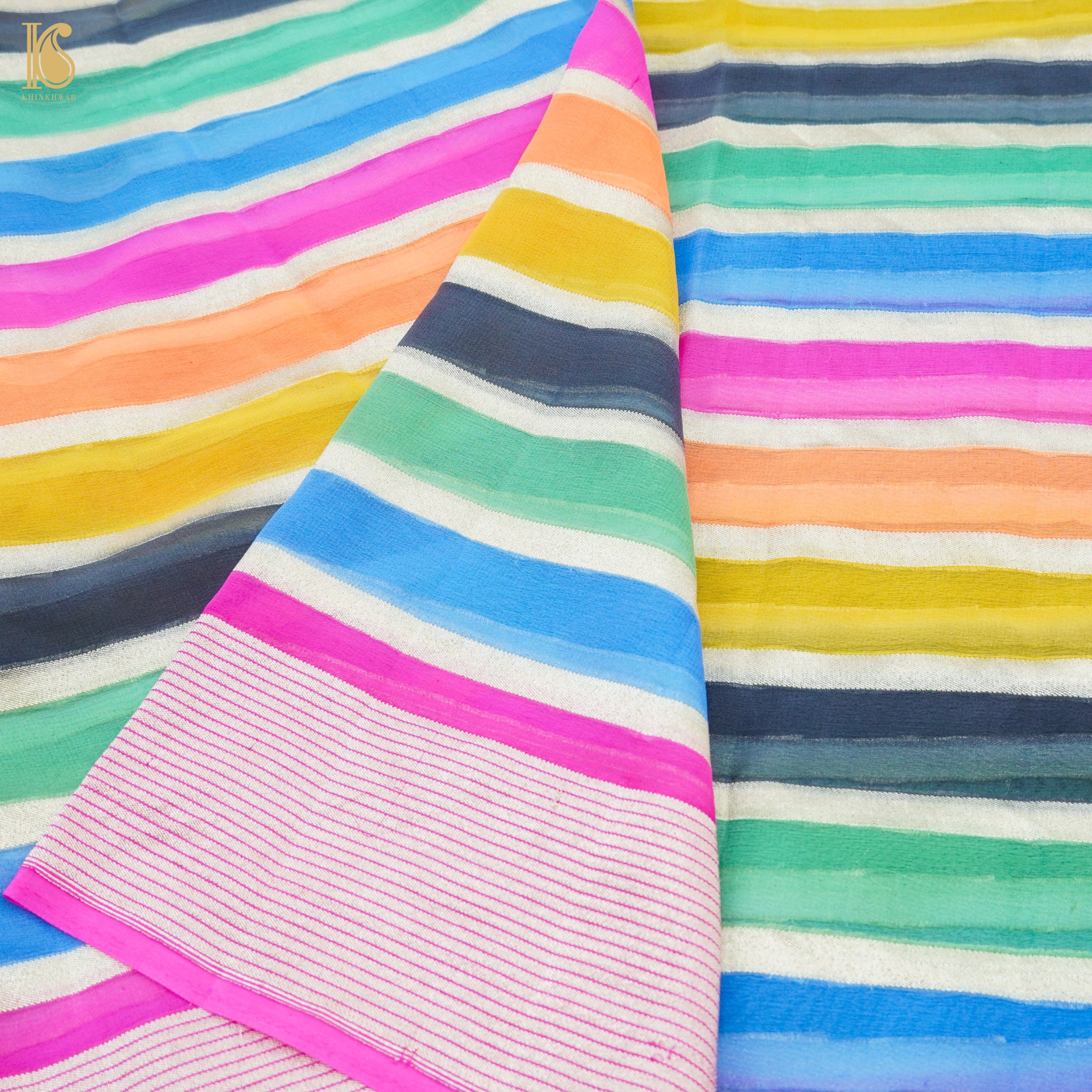 Multicolor Pure Georgette Handloom Banarasi Stripes Dupatta - Khinkhwab