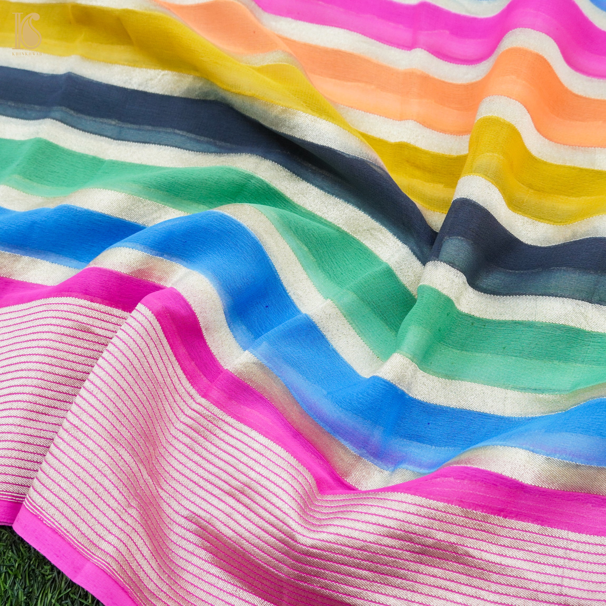Multicolor Pure Georgette Handloom Banarasi Stripes Dupatta - Khinkhwab