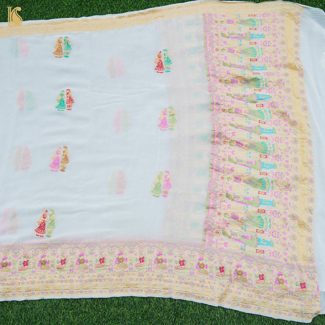 White Pure Georgette Handloom Banarasi Raja Rani Dupatta - Dyeable - Khinkhwab