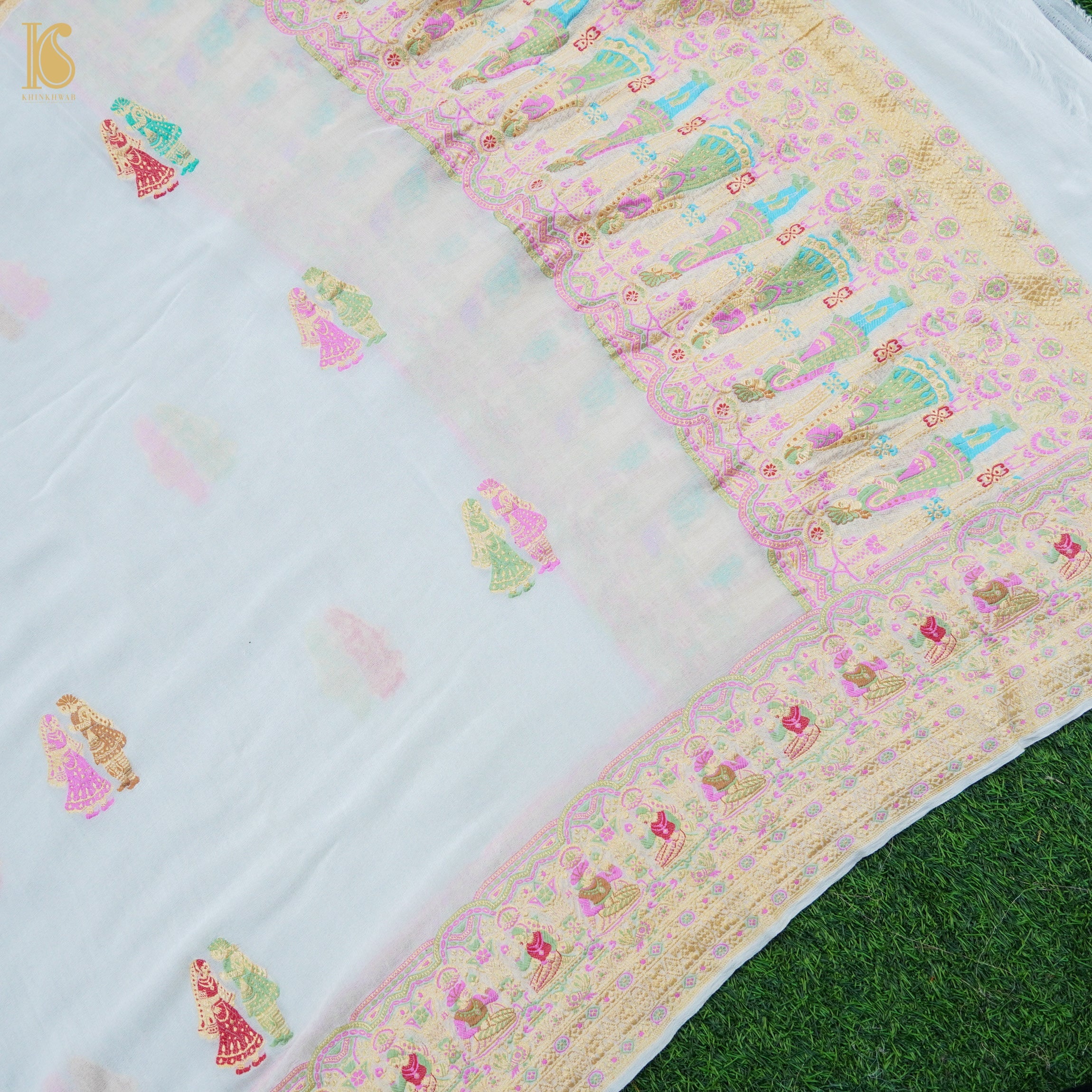 White Pure Georgette Handloom Banarasi Raja Rani Dupatta - Dyeable - Khinkhwab