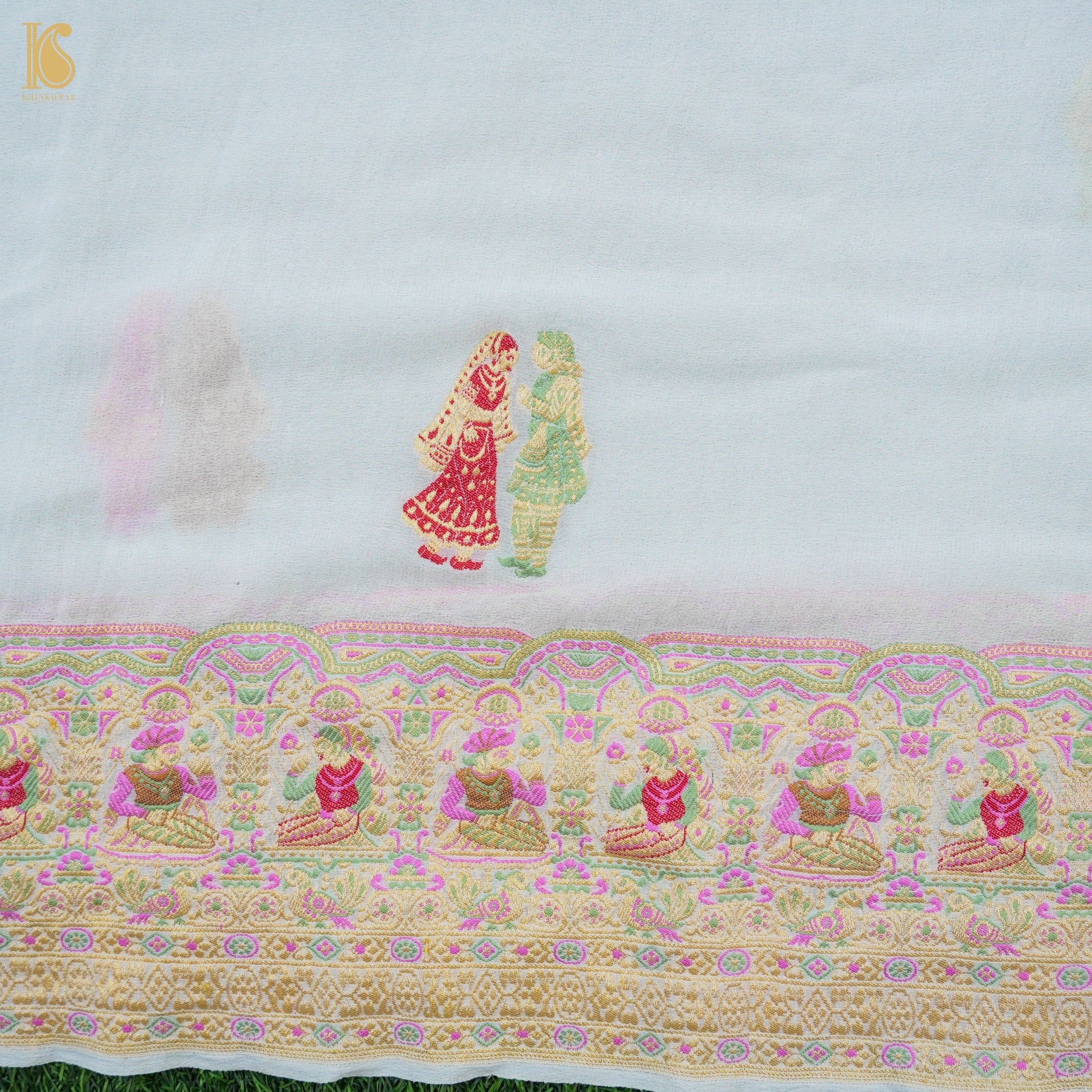 White Pure Georgette Handloom Banarasi Raja Rani Dupatta - Dyeable - Khinkhwab