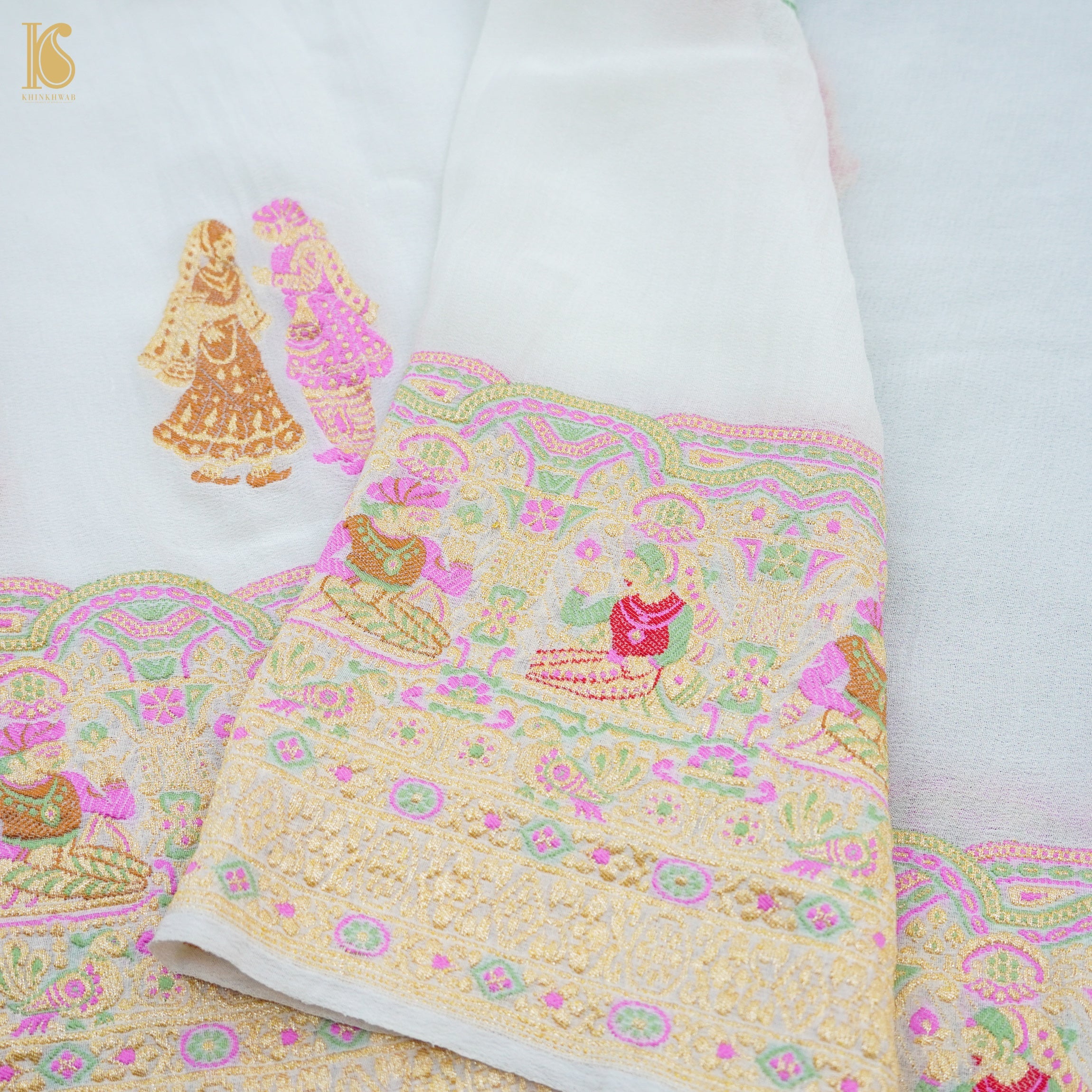 White Pure Georgette Handloom Banarasi Raja Rani Dupatta - Dyeable - Khinkhwab