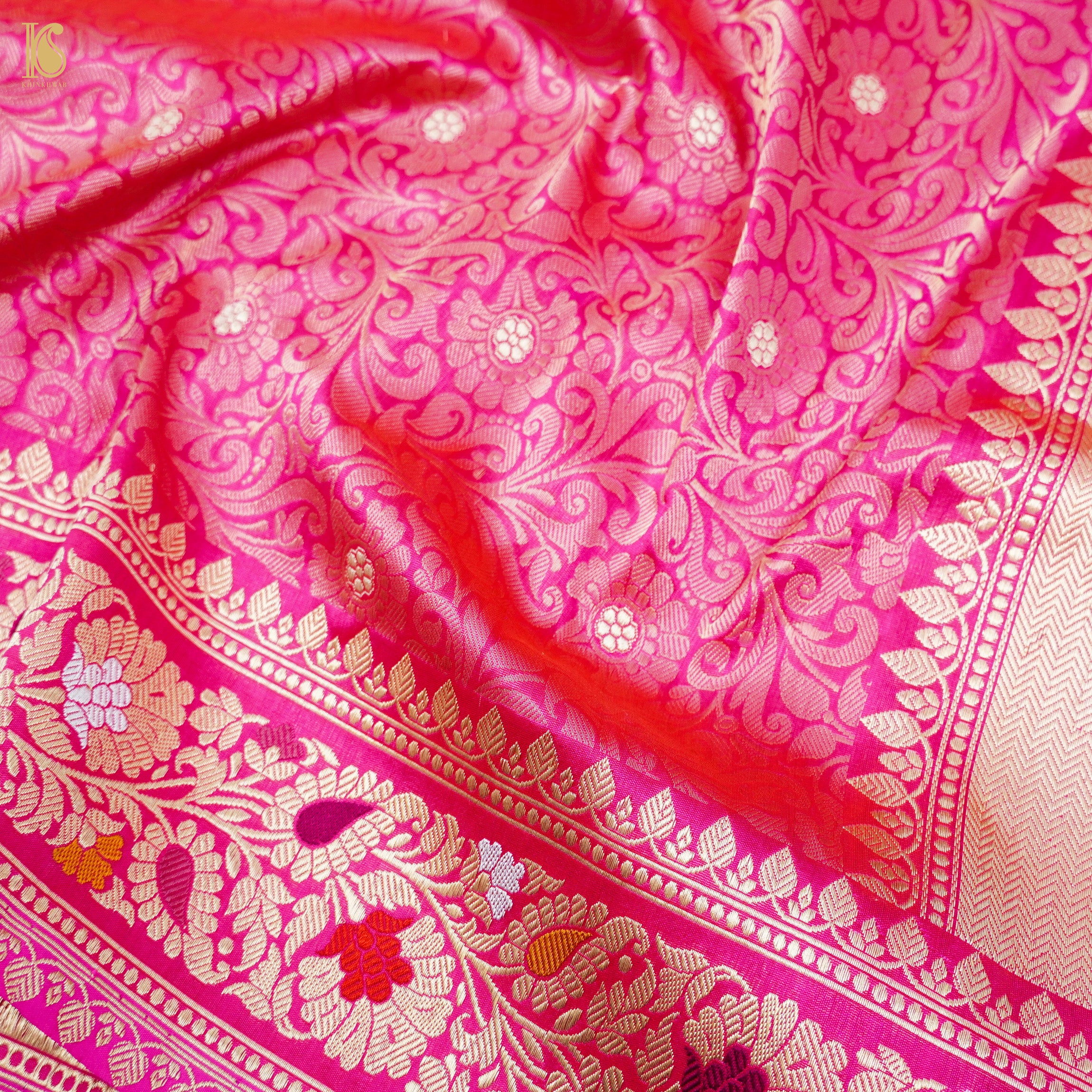 Handloom Banarasi Pure Katan Silk Cerise Pink Tanchoi Saree - Khinkhwab