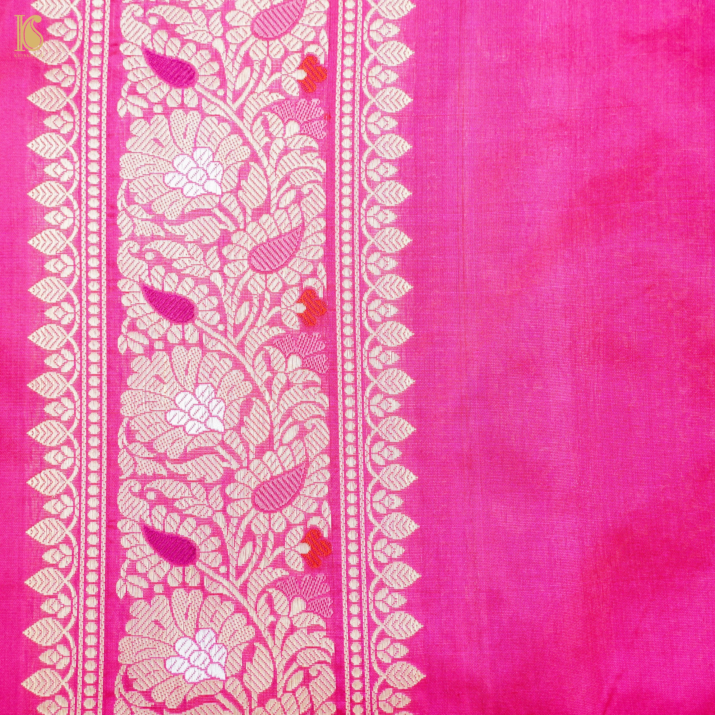 Handloom Banarasi Pure Katan Silk Cerise Pink Tanchoi Saree - Khinkhwab