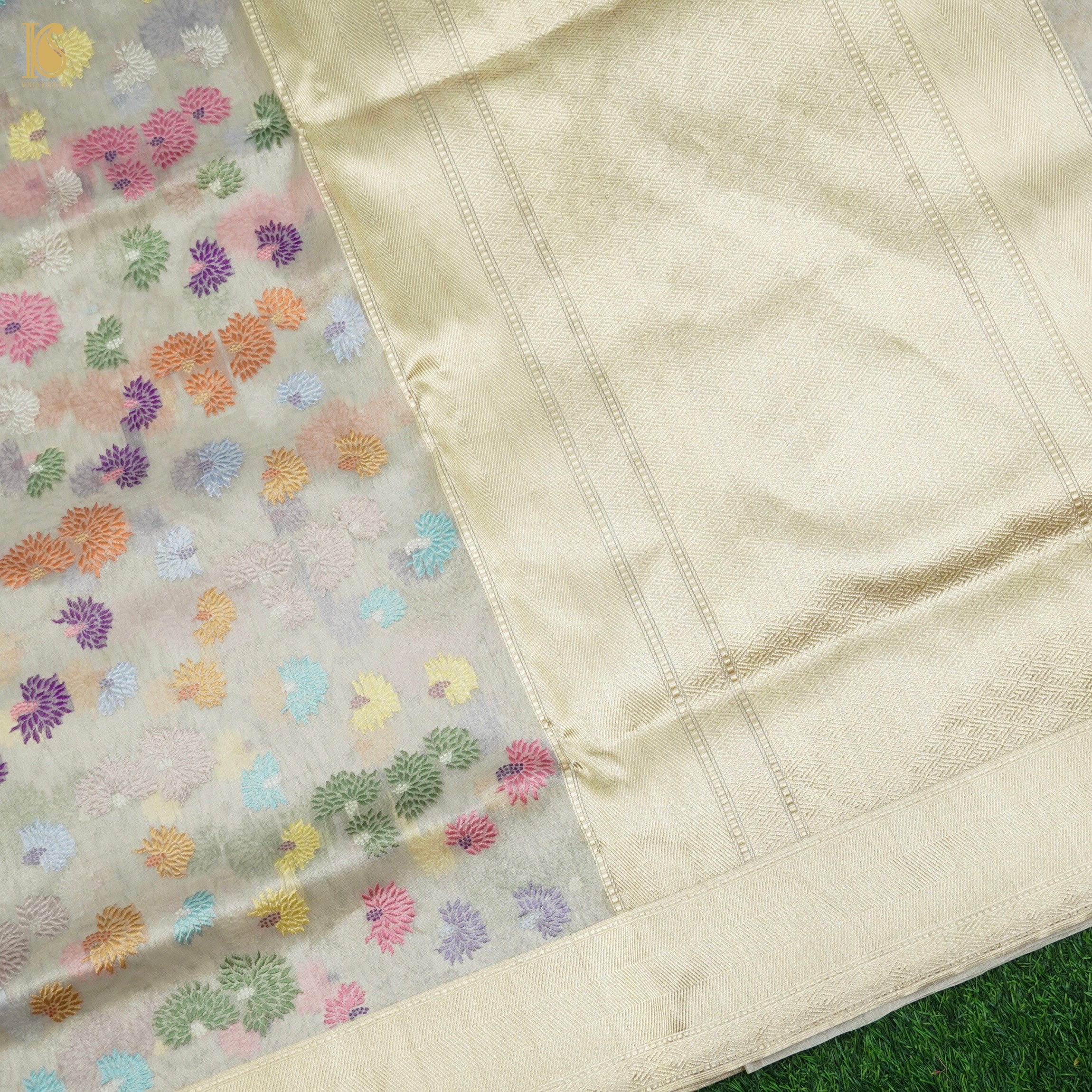 Silver Sand Pure Banarasi Kora by Tissue Kadwa Jaal Saree - Khinkhwab