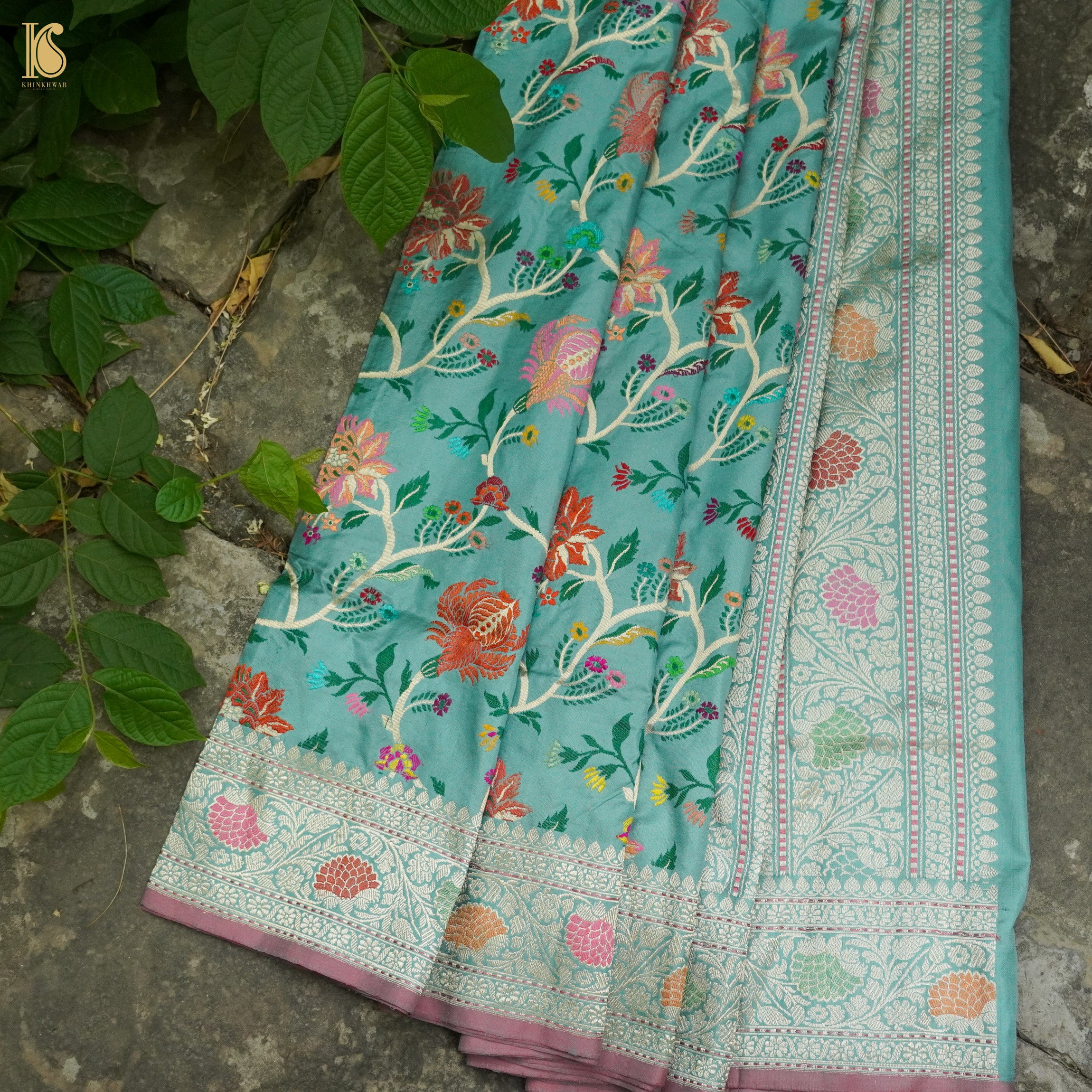 Tradewind Blue Pure Katan Silk Handloom Banarasi Kadwa Meenakari Jaal Saree - Khinkhwab