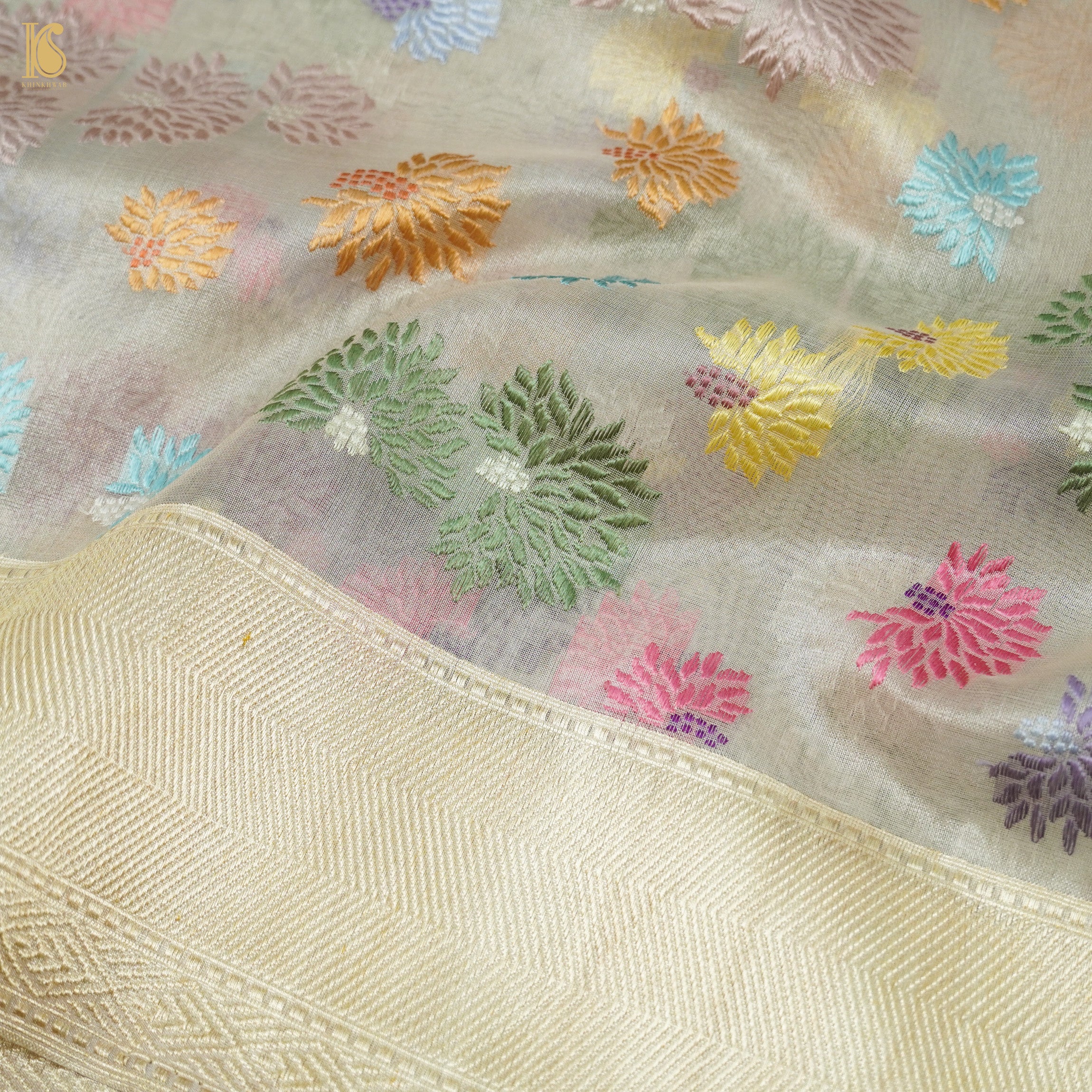 Silver Sand Pure Banarasi Kora by Tissue Kadwa Jaal Saree - Khinkhwab