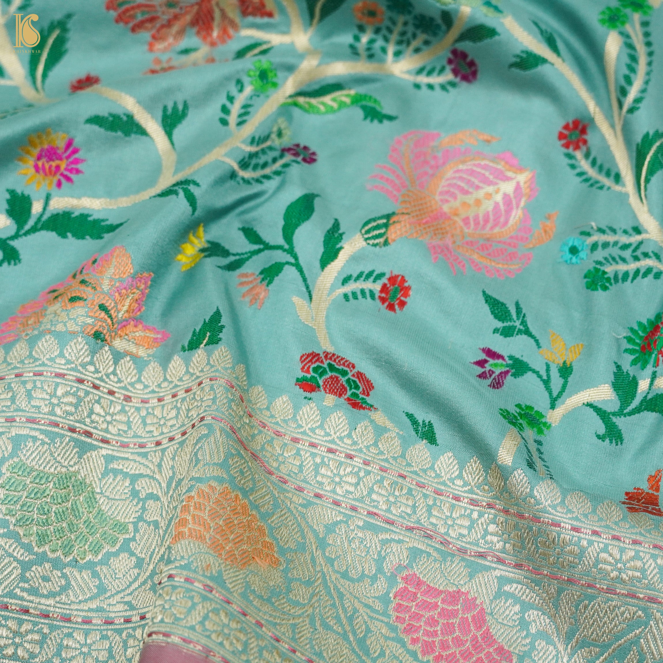 Tradewind Blue Pure Katan Silk Handloom Banarasi Kadwa Meenakari Jaal Saree - Khinkhwab