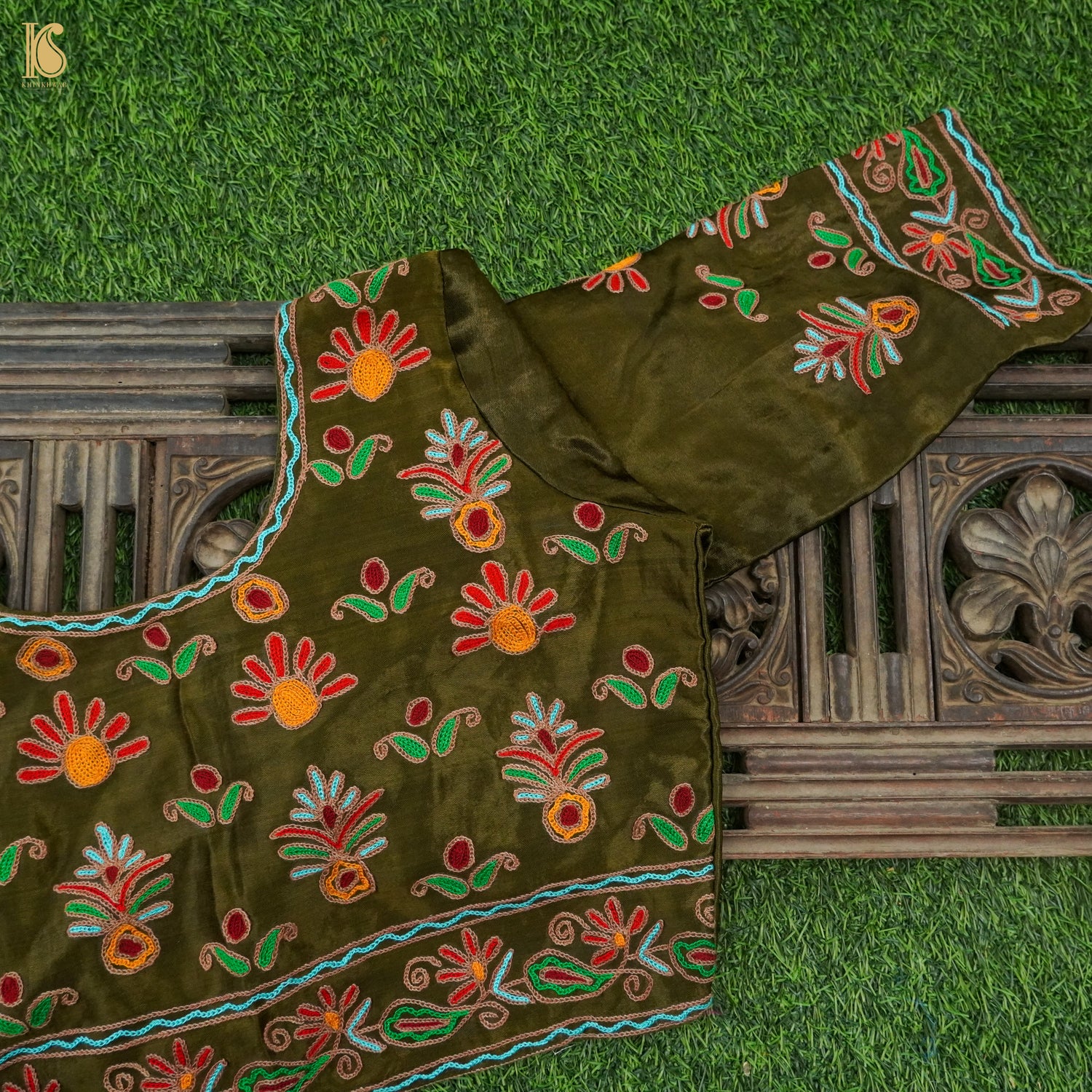 Thatch Green Pure Mashru Silk Stitched Blouse with Kutchi Embriodery - Khinkhwab
