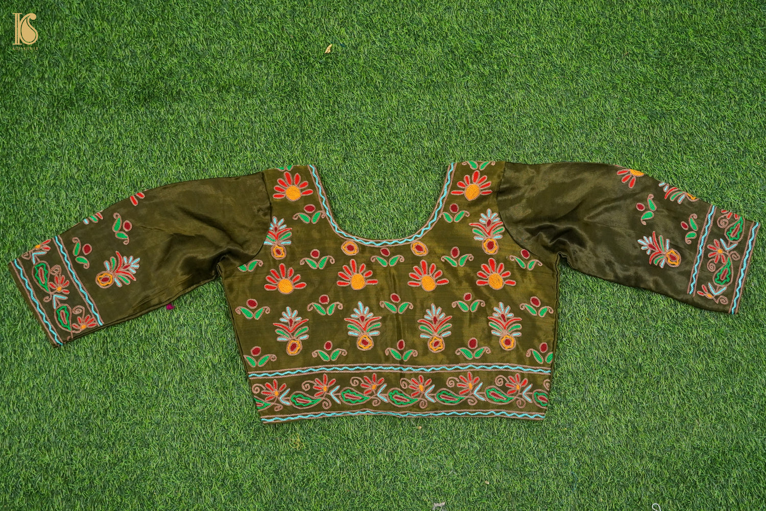 Thatch Green Pure Mashru Silk Stitched Blouse with Kutchi Embriodery - Khinkhwab