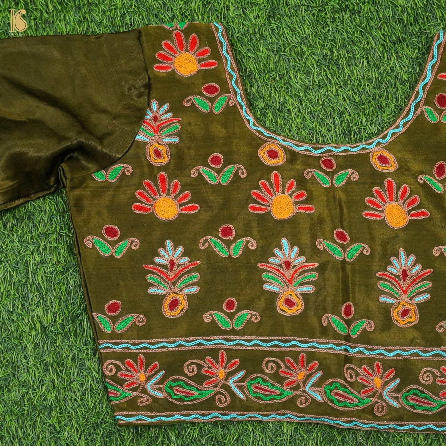 Thatch Green Pure Mashru Silk Stitched Blouse with Kutchi Embriodery - Khinkhwab