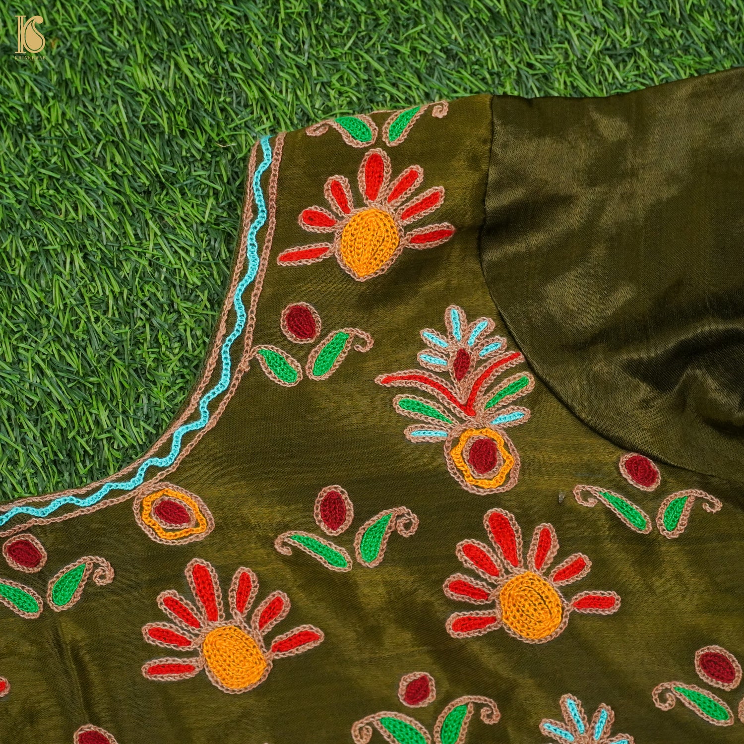 Thatch Green Pure Mashru Silk Stitched Blouse with Kutchi Embriodery - Khinkhwab