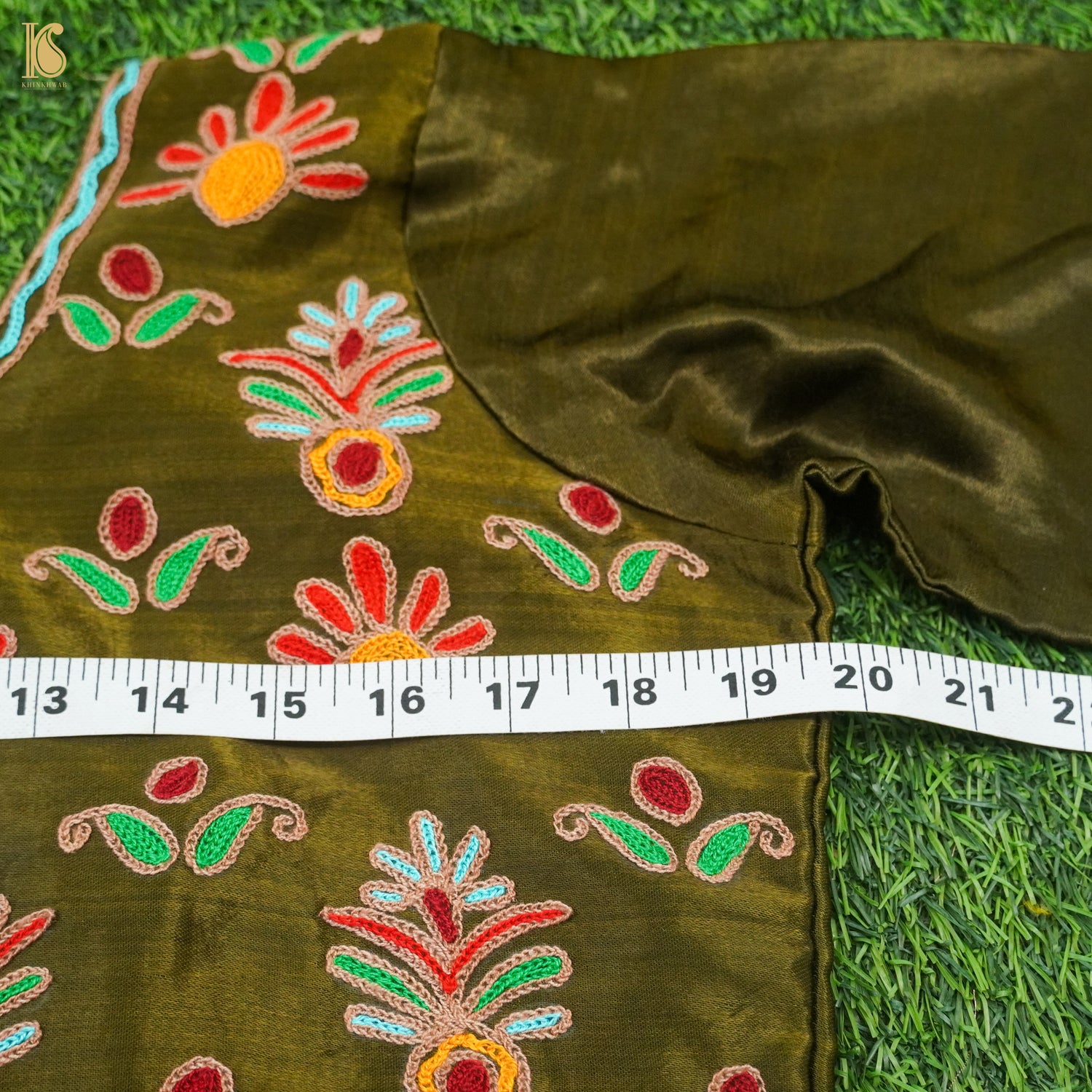 Thatch Green Pure Mashru Silk Stitched Blouse with Kutchi Embriodery - Khinkhwab