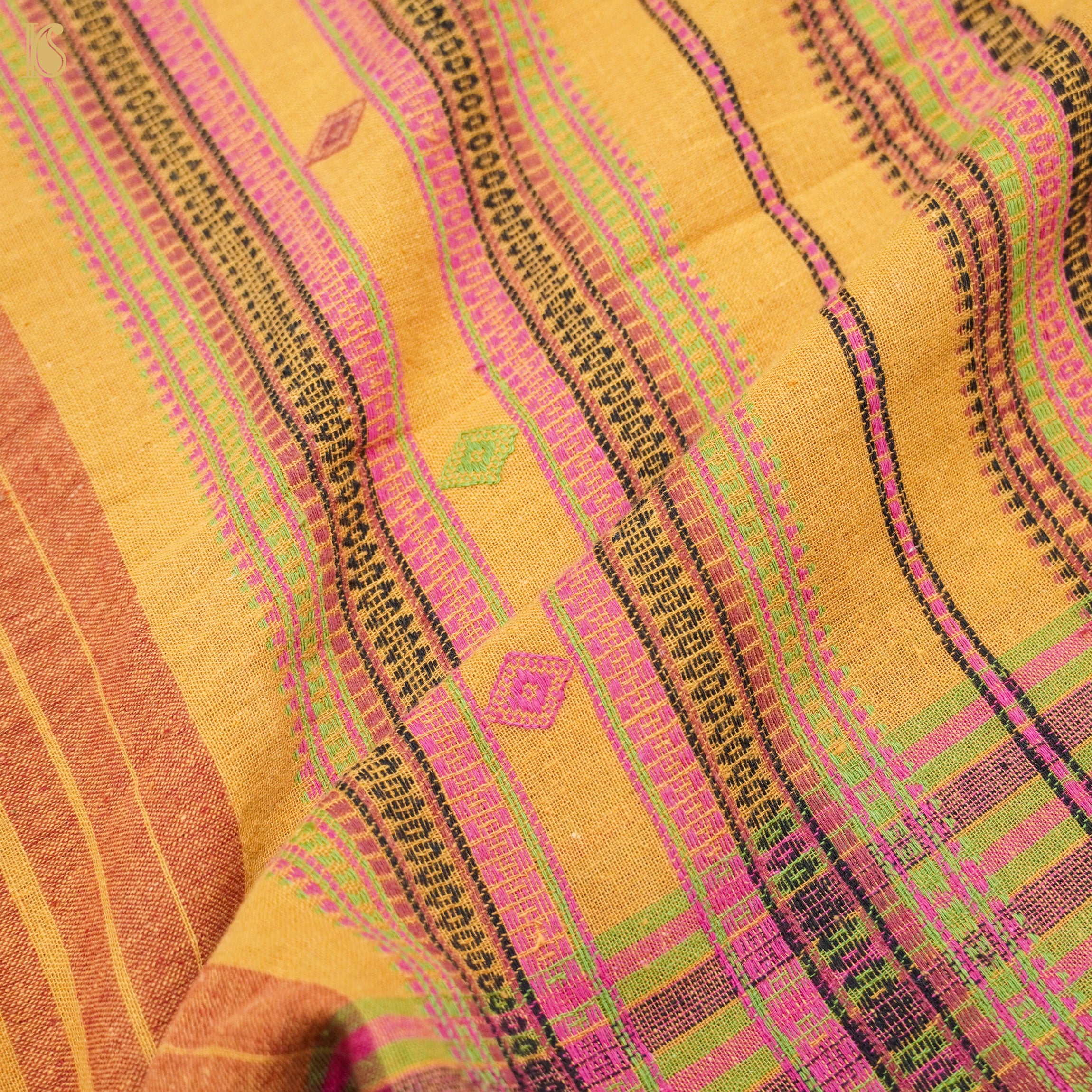 Harvest Gold Yellow Pure Kala Cotton Handwoven Bhujodi Saree - Khinkhwab