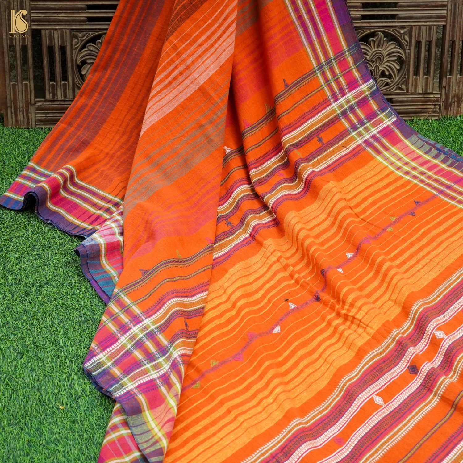 Burnt Orange Pure Kala Cotton Handwoven Bhujodi Saree - Khinkhwab