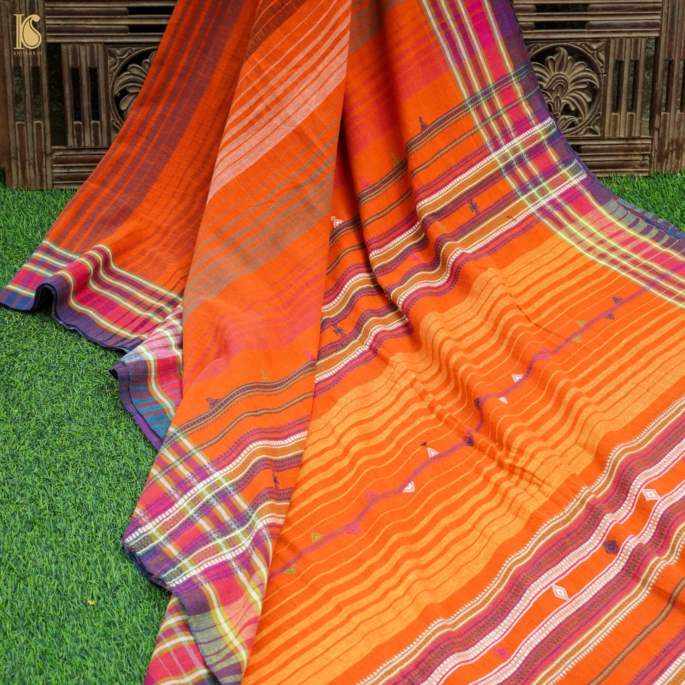 Burnt Orange Pure Kala Cotton Handwoven Bhujodi Saree - Khinkhwab