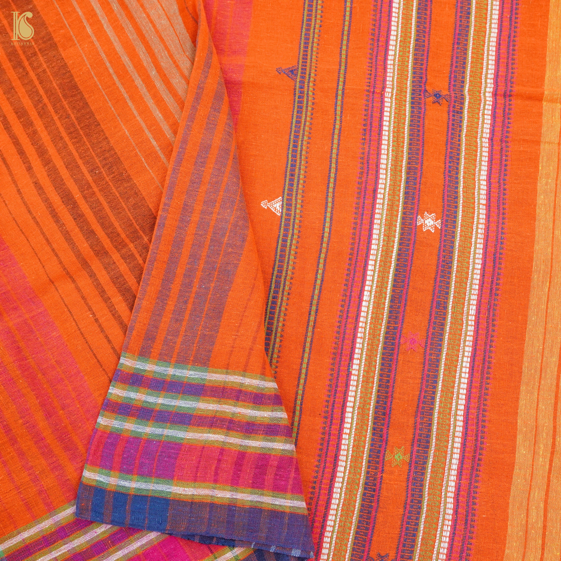 Burnt Orange Pure Kala Cotton Handwoven Bhujodi Saree - Khinkhwab