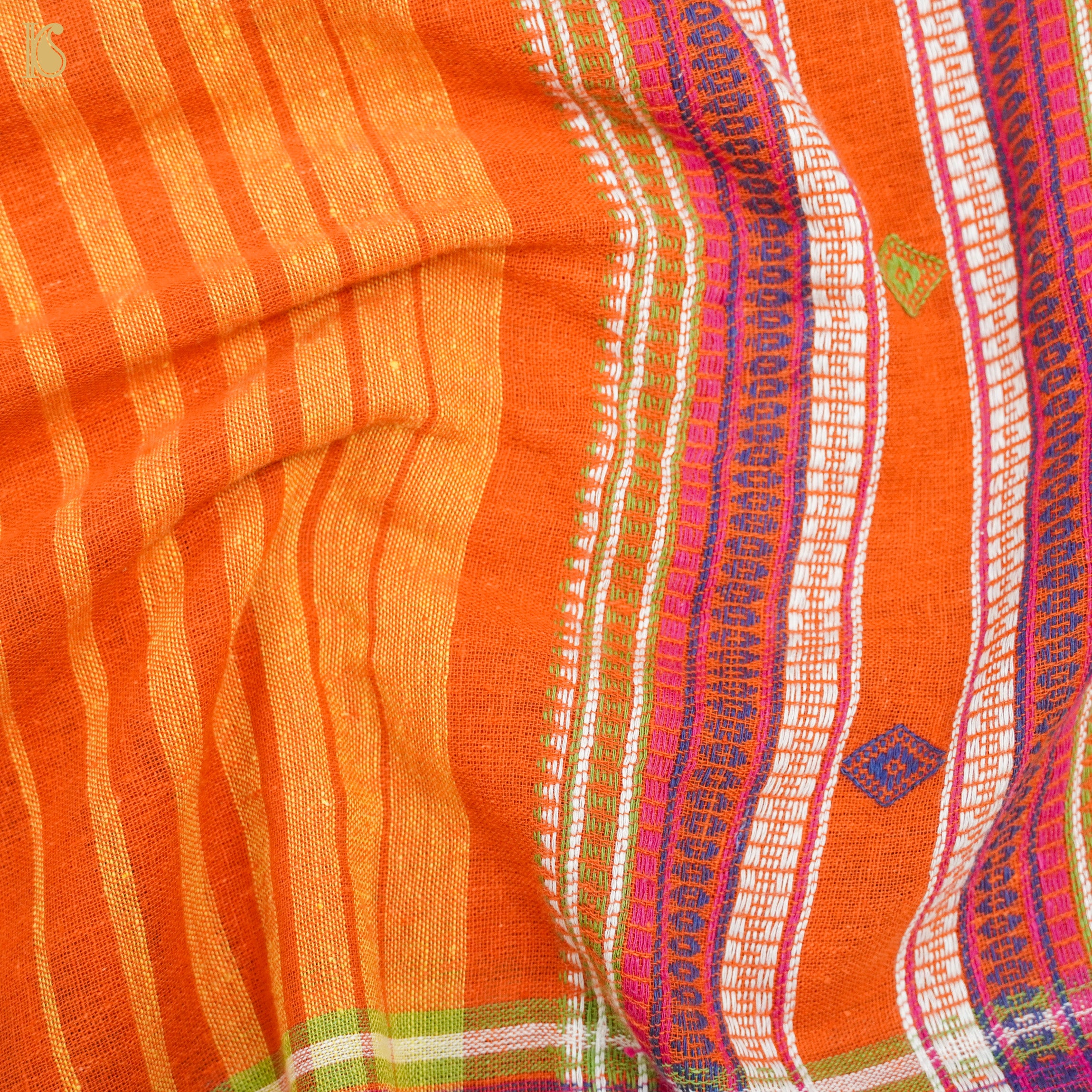 Burnt Orange Pure Kala Cotton Handwoven Bhujodi Saree - Khinkhwab