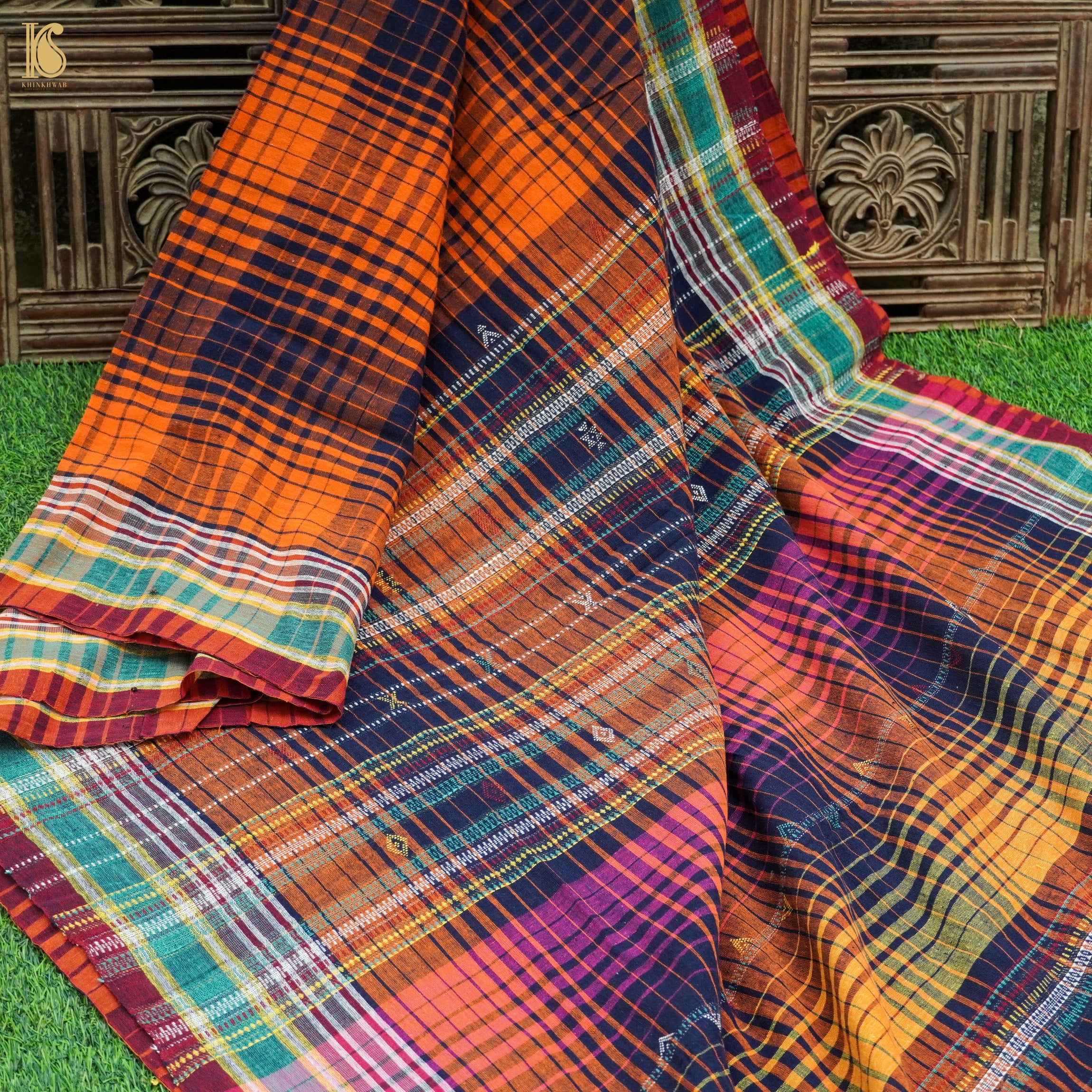 Flamingo Orange Pure Kala Cotton Handwoven Bhujodi Checks Saree - Khinkhwab