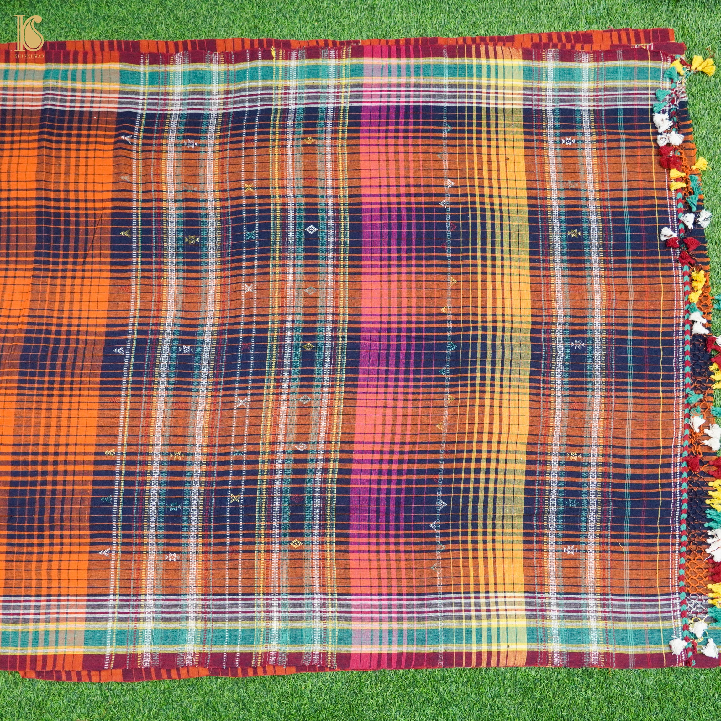 Flamingo Orange Pure Kala Cotton Handwoven Bhujodi Checks Saree - Khinkhwab