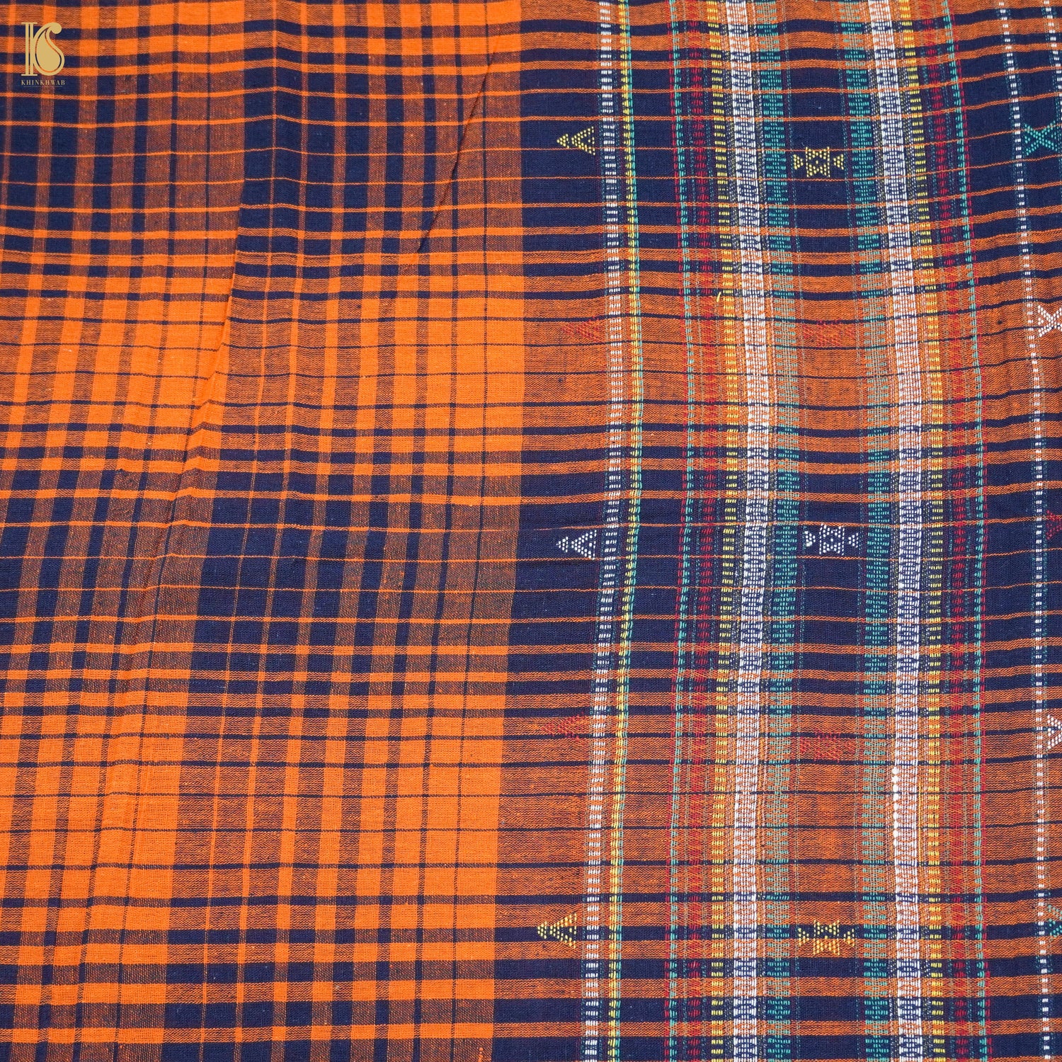 Flamingo Orange Pure Kala Cotton Handwoven Bhujodi Checks Saree - Khinkhwab