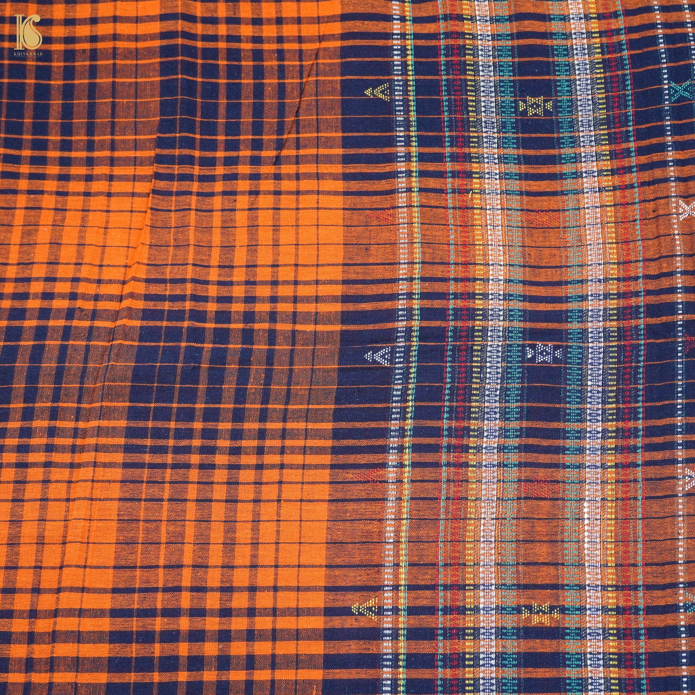 Flamingo Orange Pure Kala Cotton Handwoven Bhujodi Checks Saree - Khinkhwab