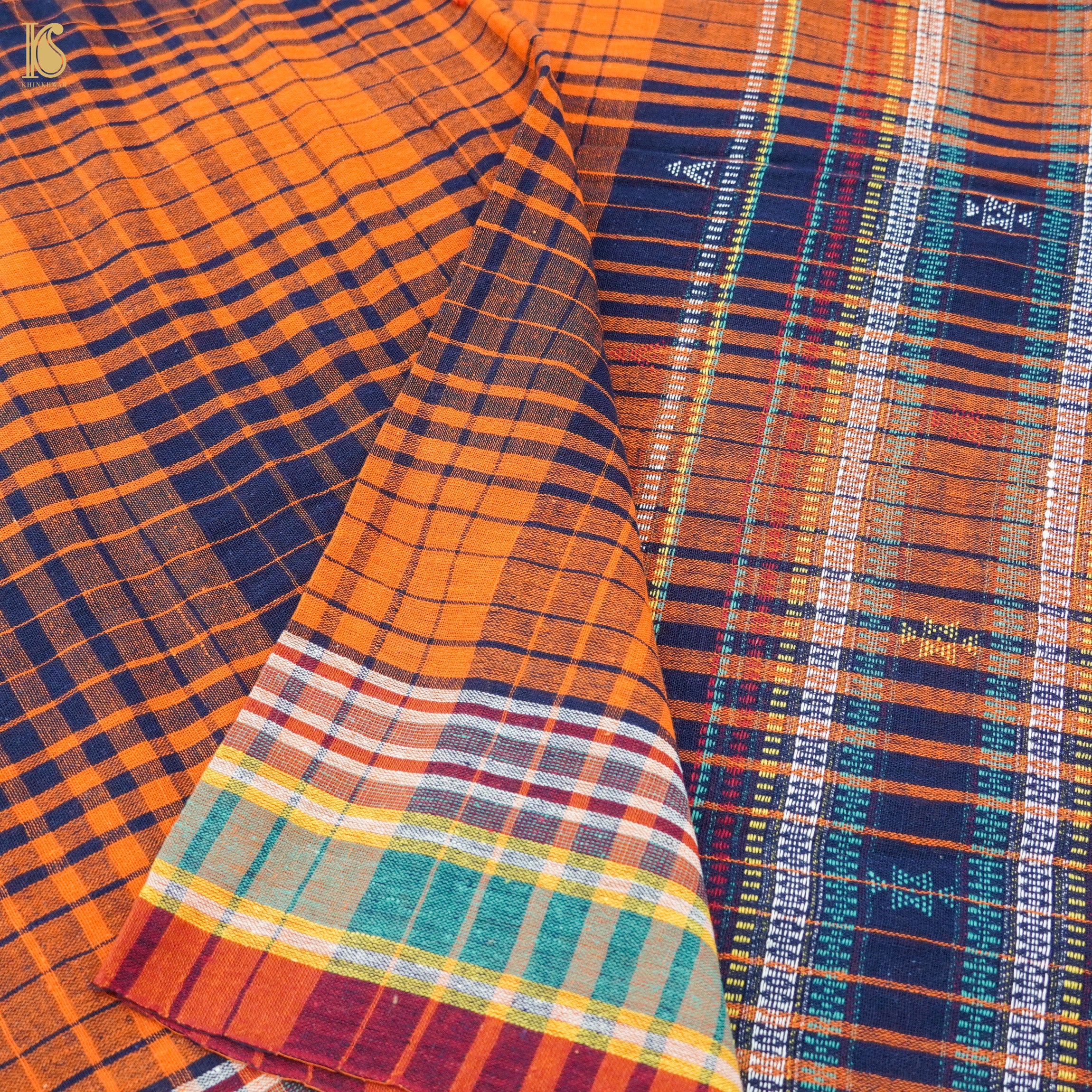 Flamingo Orange Pure Kala Cotton Handwoven Bhujodi Checks Saree - Khinkhwab