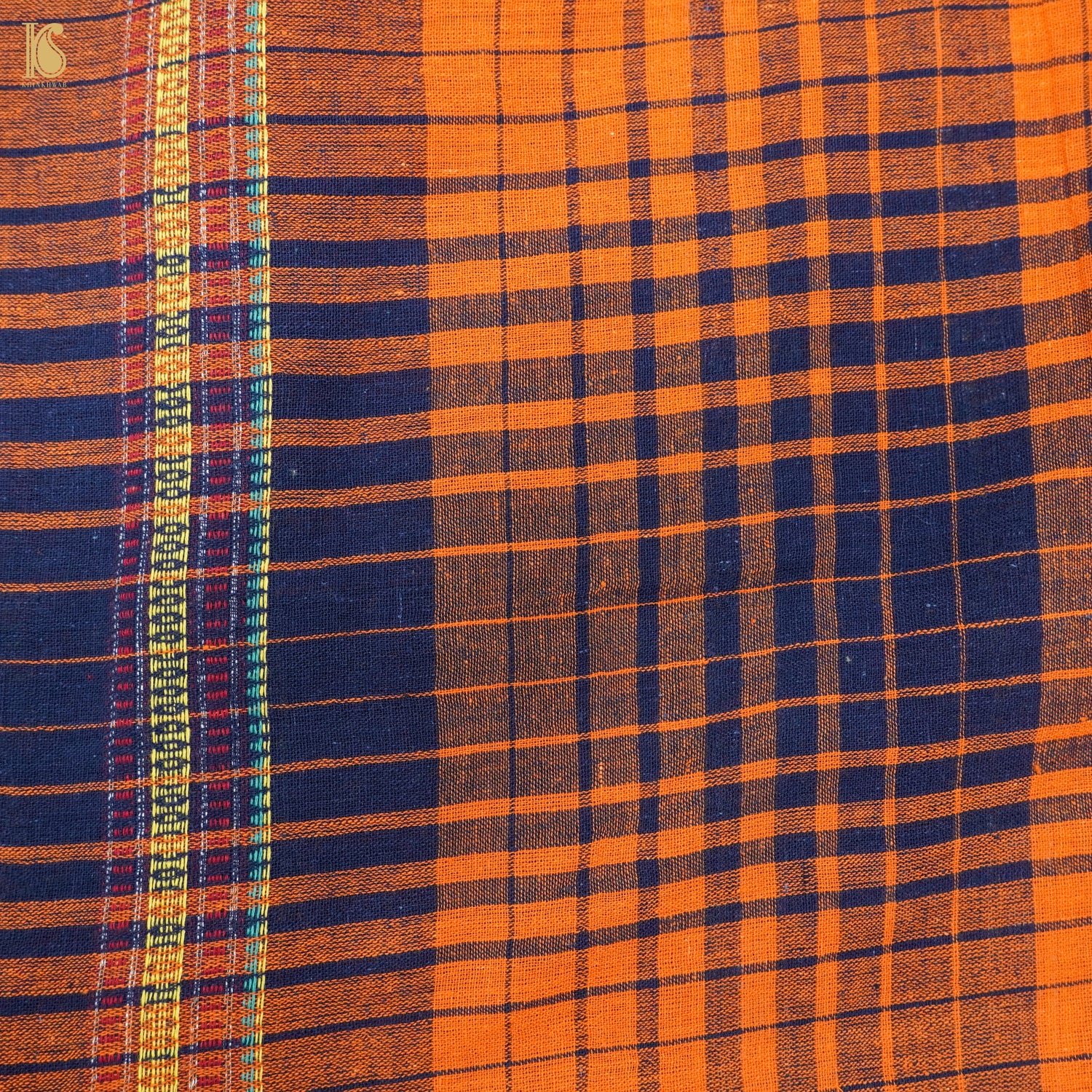 Flamingo Orange Pure Kala Cotton Handwoven Bhujodi Checks Saree - Khinkhwab