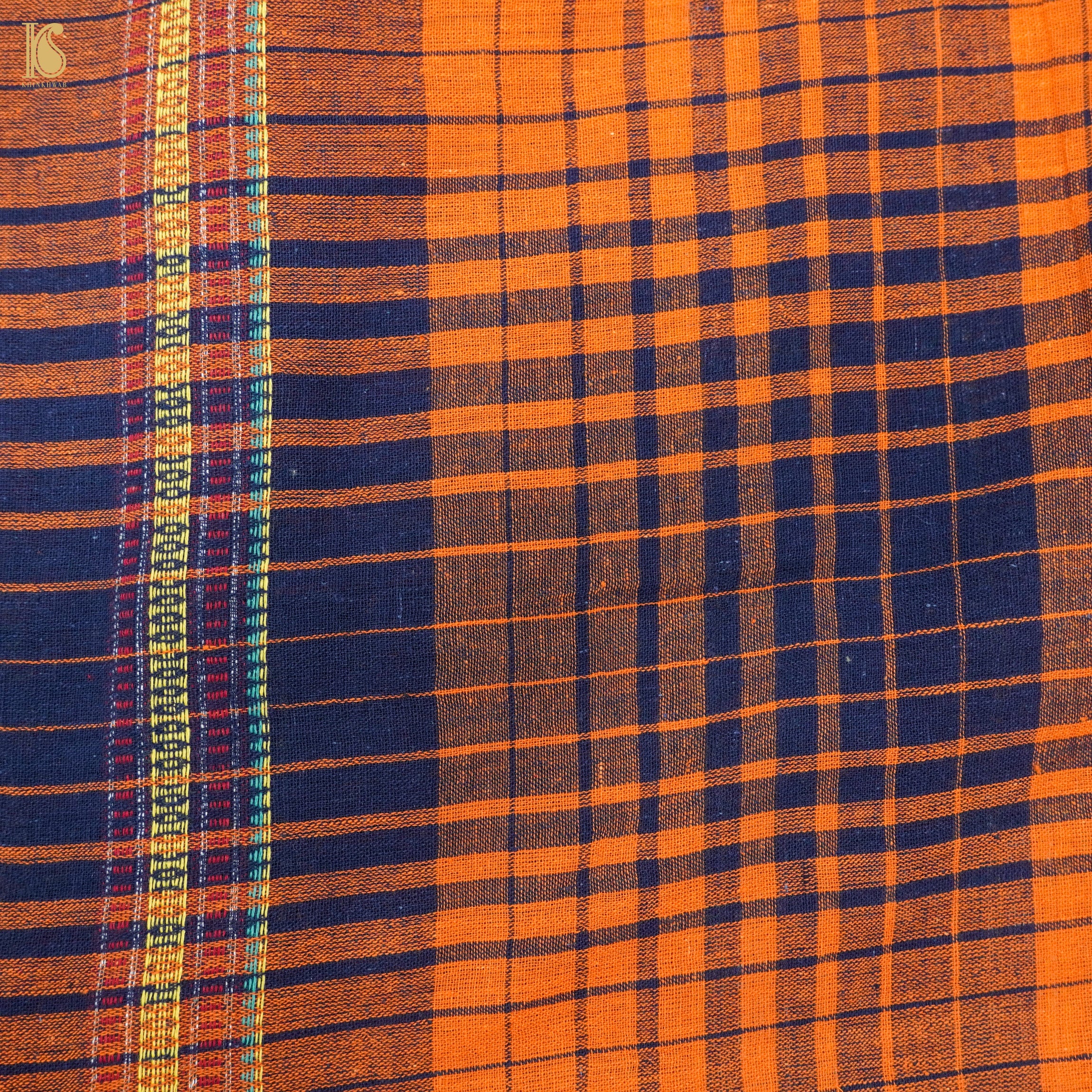 Flamingo Orange Pure Kala Cotton Handwoven Bhujodi Checks Saree - Khinkhwab