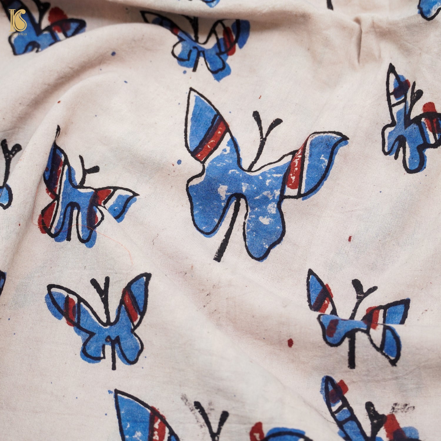 White Hand Block Ajrakh Cotton Butterfly Fabric - Khinkhwab