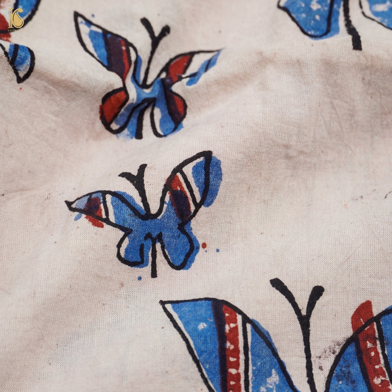 White Hand Block Ajrakh Cotton Butterfly Fabric - Khinkhwab