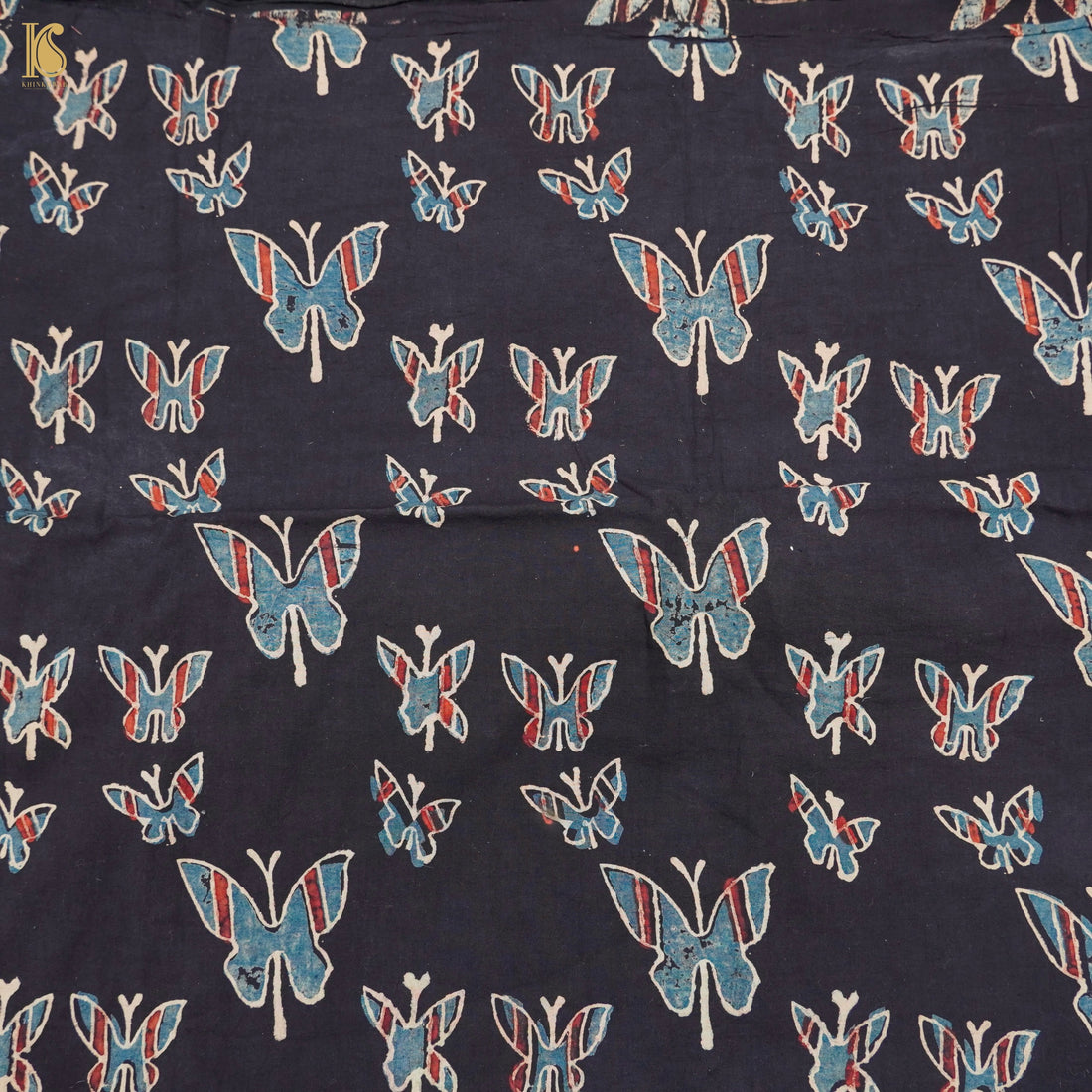 Black Hand Block Ajrakh Cotton Butterfly Fabric - Khinkhwab