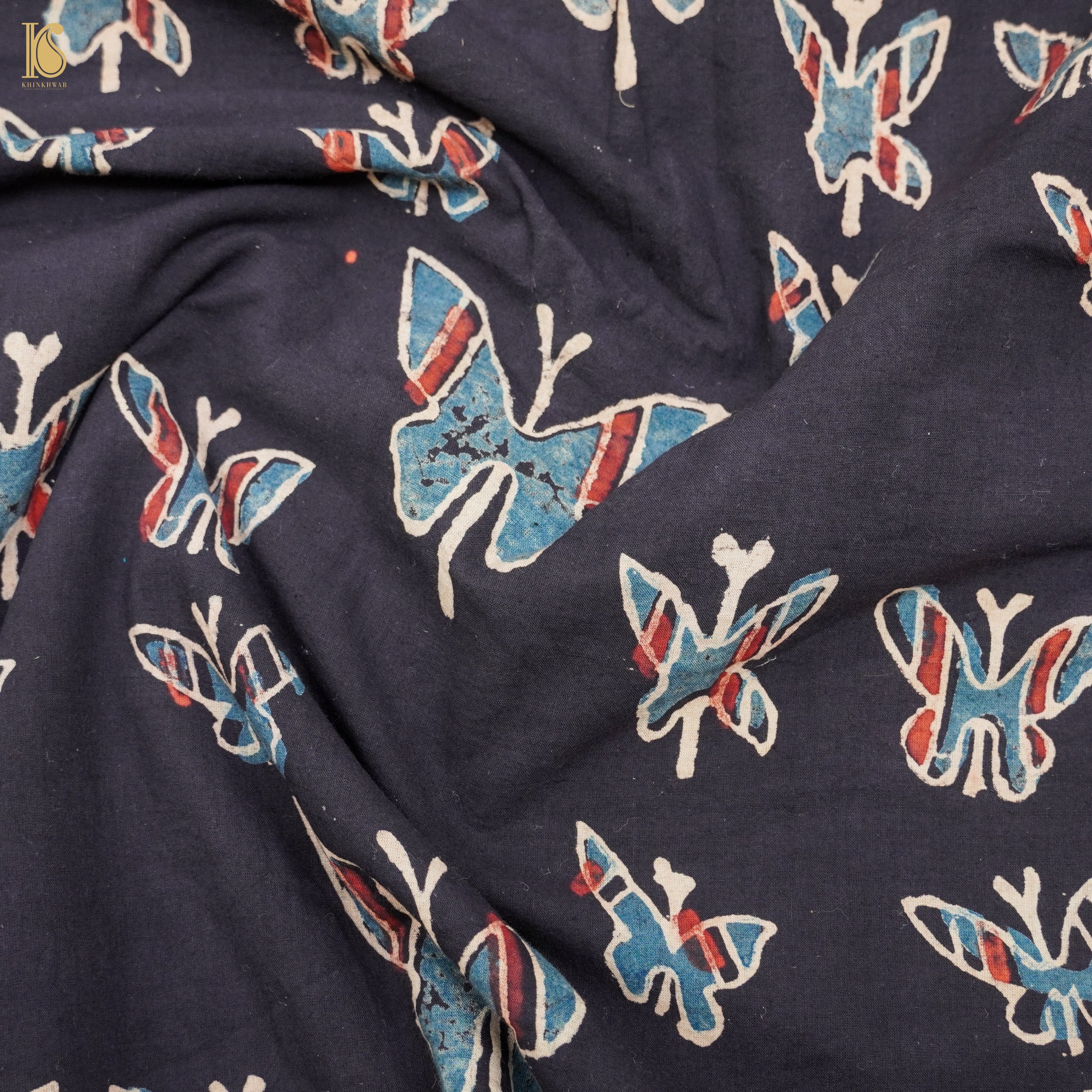 Black Hand Block Ajrakh Cotton Butterfly Fabric - Khinkhwab