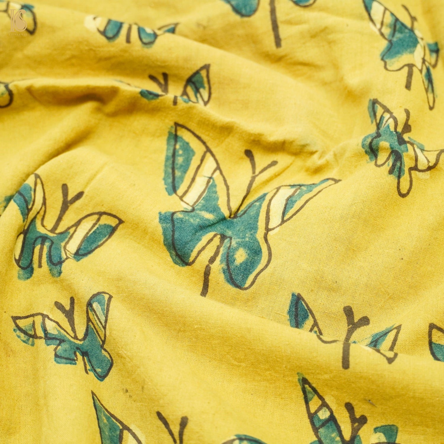 Yellow Hand Block Ajrakh Cotton Butterfly Fabric - Khinkhwab