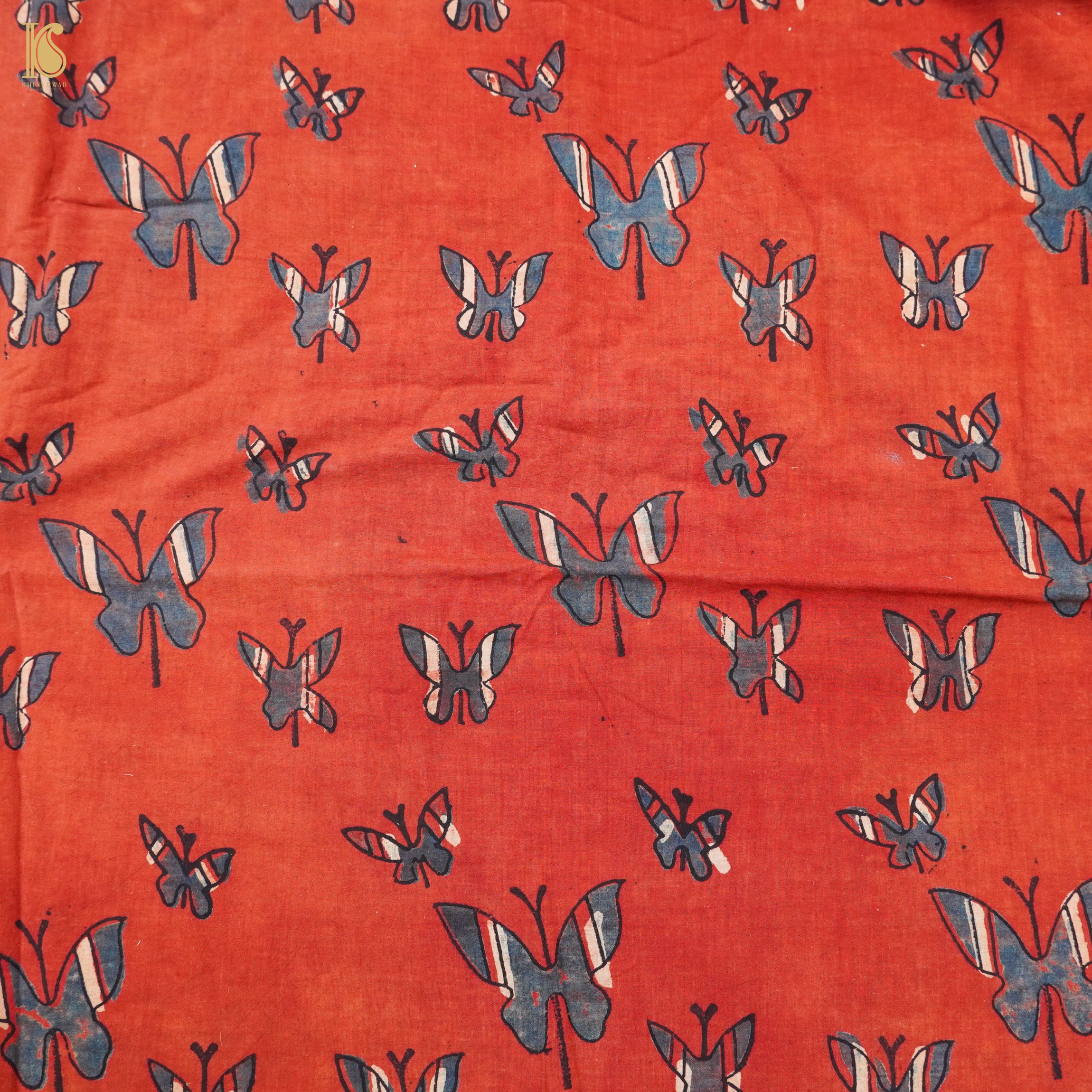 Red Hand Block Ajrakh Cotton Butterfly Fabric - Khinkhwab