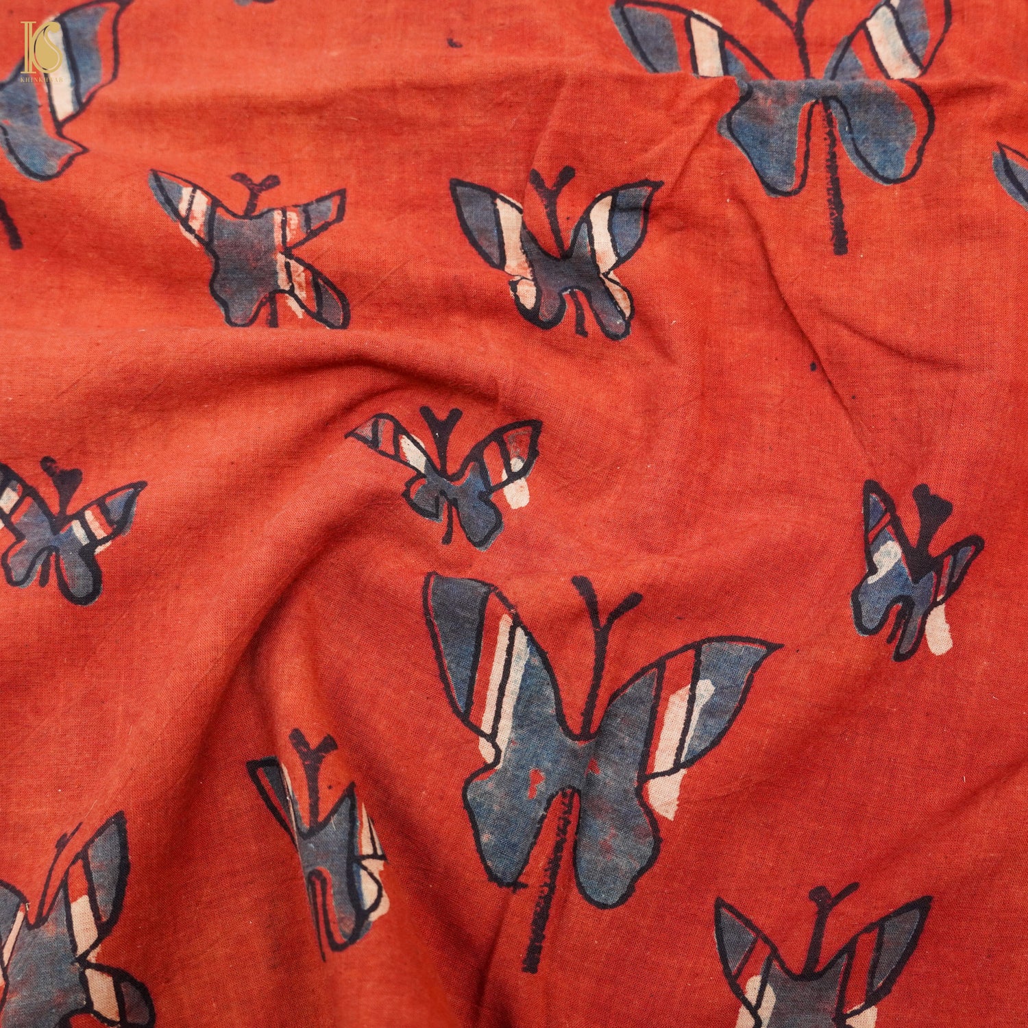 Red Hand Block Ajrakh Cotton Butterfly Fabric - Khinkhwab
